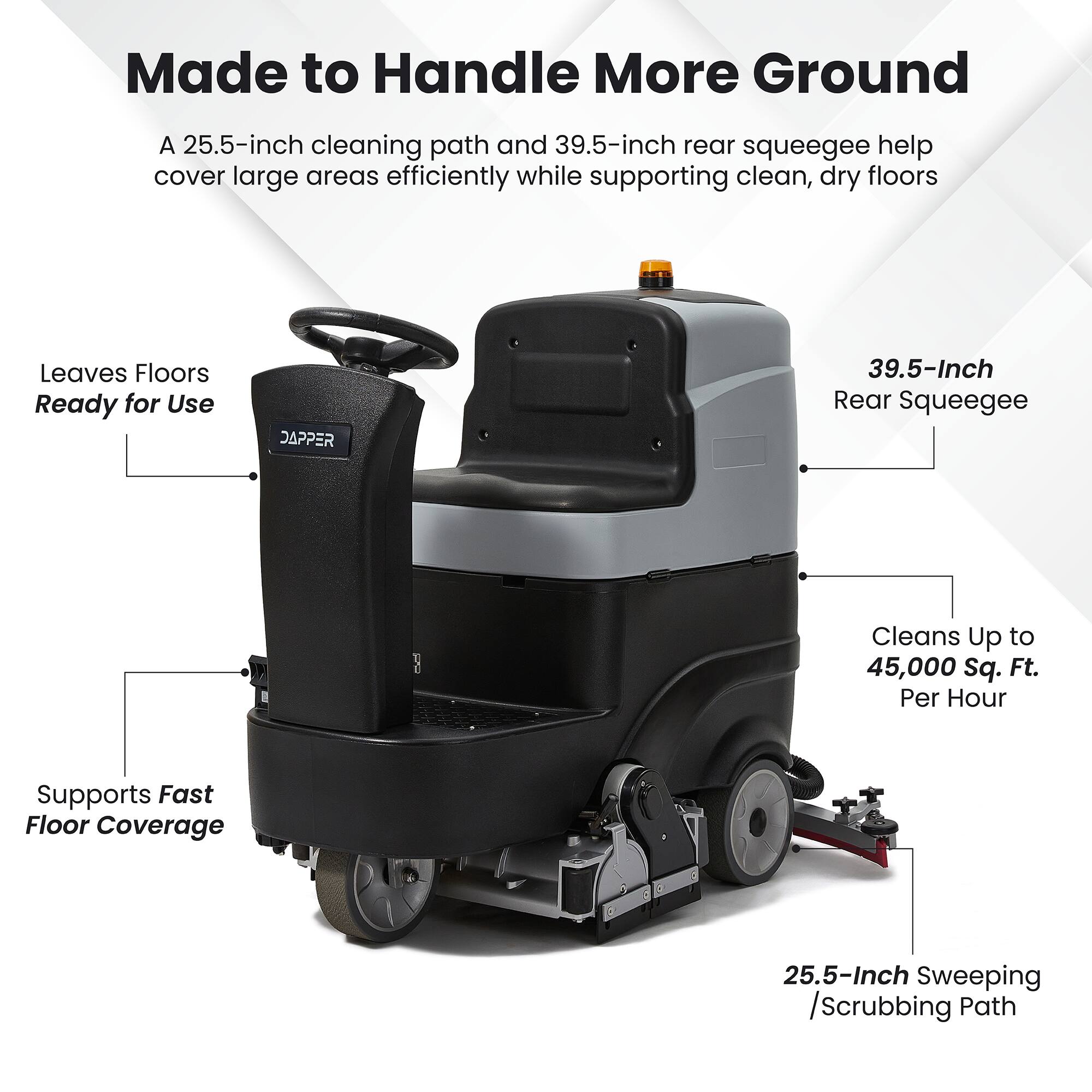 Made to Handle More Ground

A 25.5-inch cleaning path and 39.5-inch rear squeegee help cover large areas efficiently while supporting clean, dry floors

Leaves Floors Ready for Use

DAPPER 39.5-Inch Rear Squeegee Cleans Up to 45,000 sq. Ft. Per Hour

Supports Fast Floor Coverage

25.5-Inch Sweeping Scrubbing Path