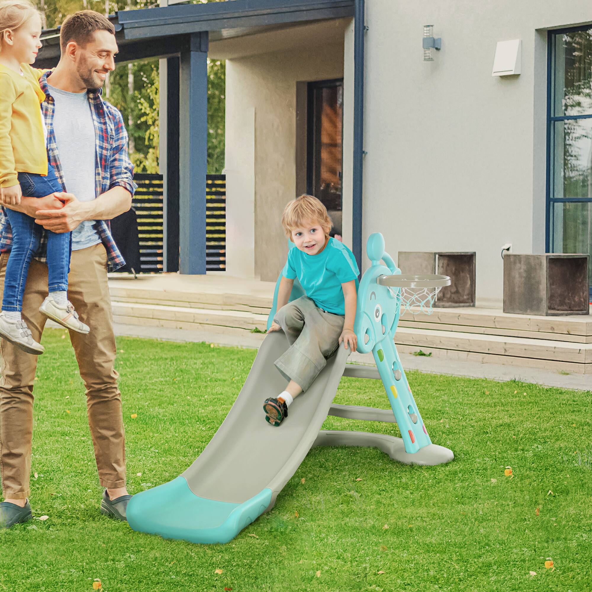 Angle. Qaba - 2-in-1 Kids Slide w/ Basketball Hoop, foldable, 18mths-4yrs.