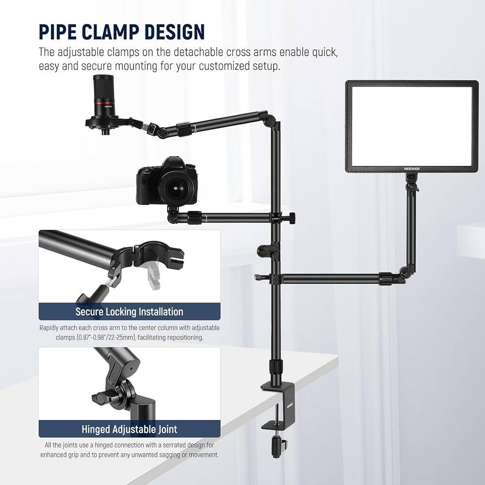 **PIPE CLAMP DESIGN**

The adjustable clamps on the detachable cross arms enable quick, easy and secure mounting for your customized setup.

**Secure Locking Installation**

Rapidly attach each cross arm to the center column with adjustable clamps (0.87-0.98/22-25mm), facilitating repositioning.

**Hinged Adjustable Joint**

All the joints use a hinged connection with a serrated design for enhanced grip and to prevent any unwanted sagging or movement.