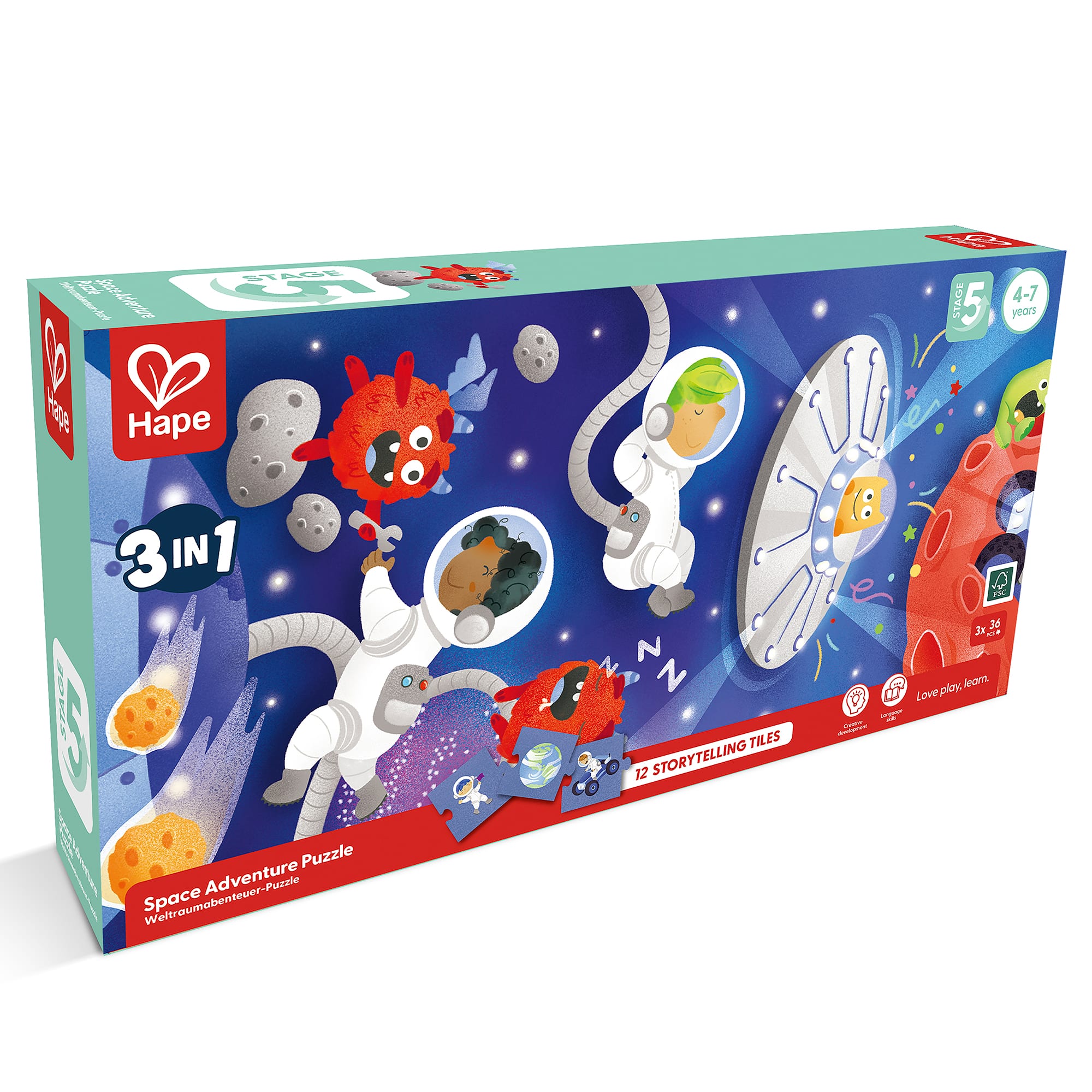 Hape- Hape: Space Adventure Puzzle- 3-In-1, 48pc Each, 12 Story Telling Tiles,Ages 4+