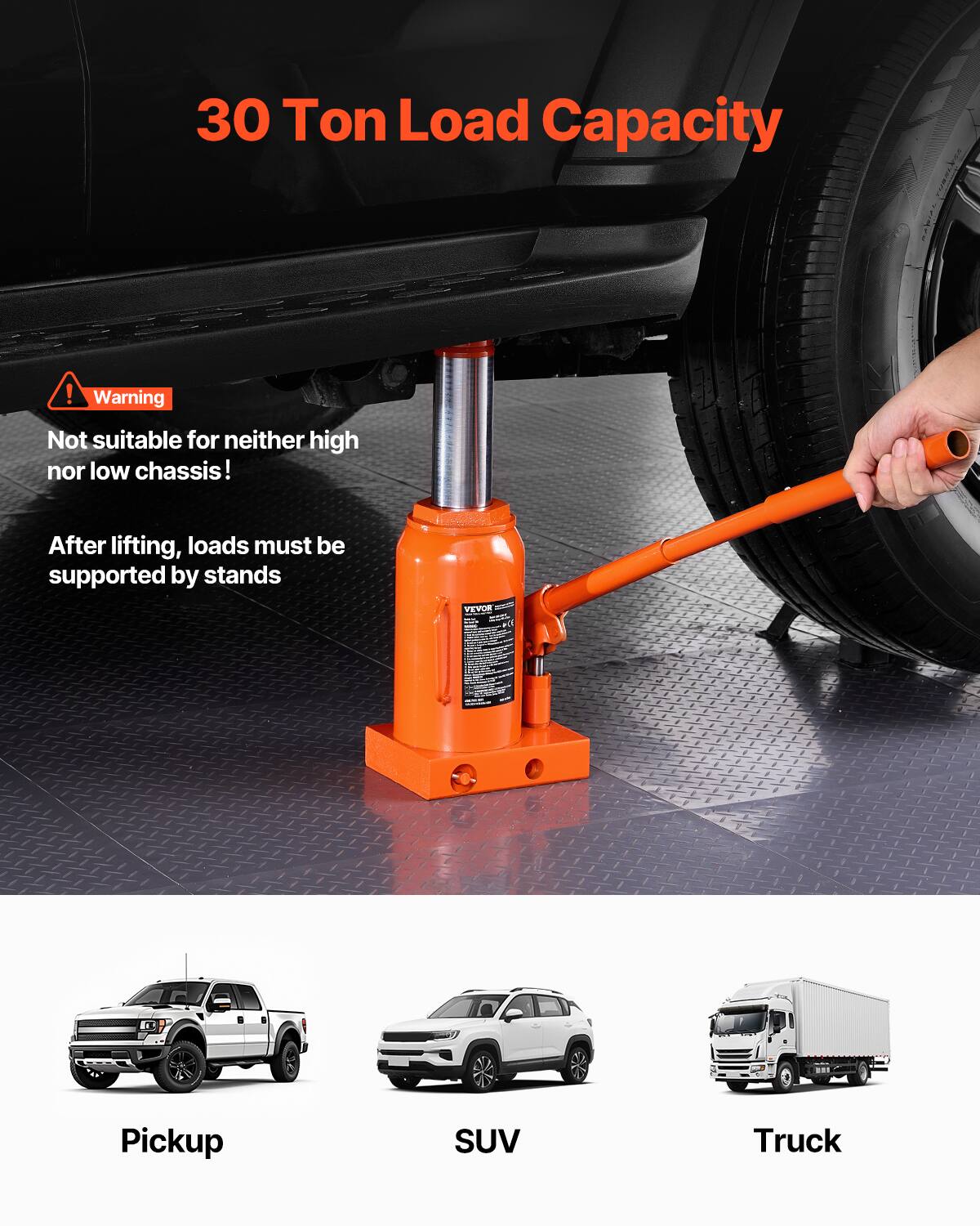 30 Ton Load Capacity!  
Warning: Not suitable for neither high nor low chassis!  
After lifting, loads must be supported by stands  

YEVOR NA  
Pickup SUV Truck