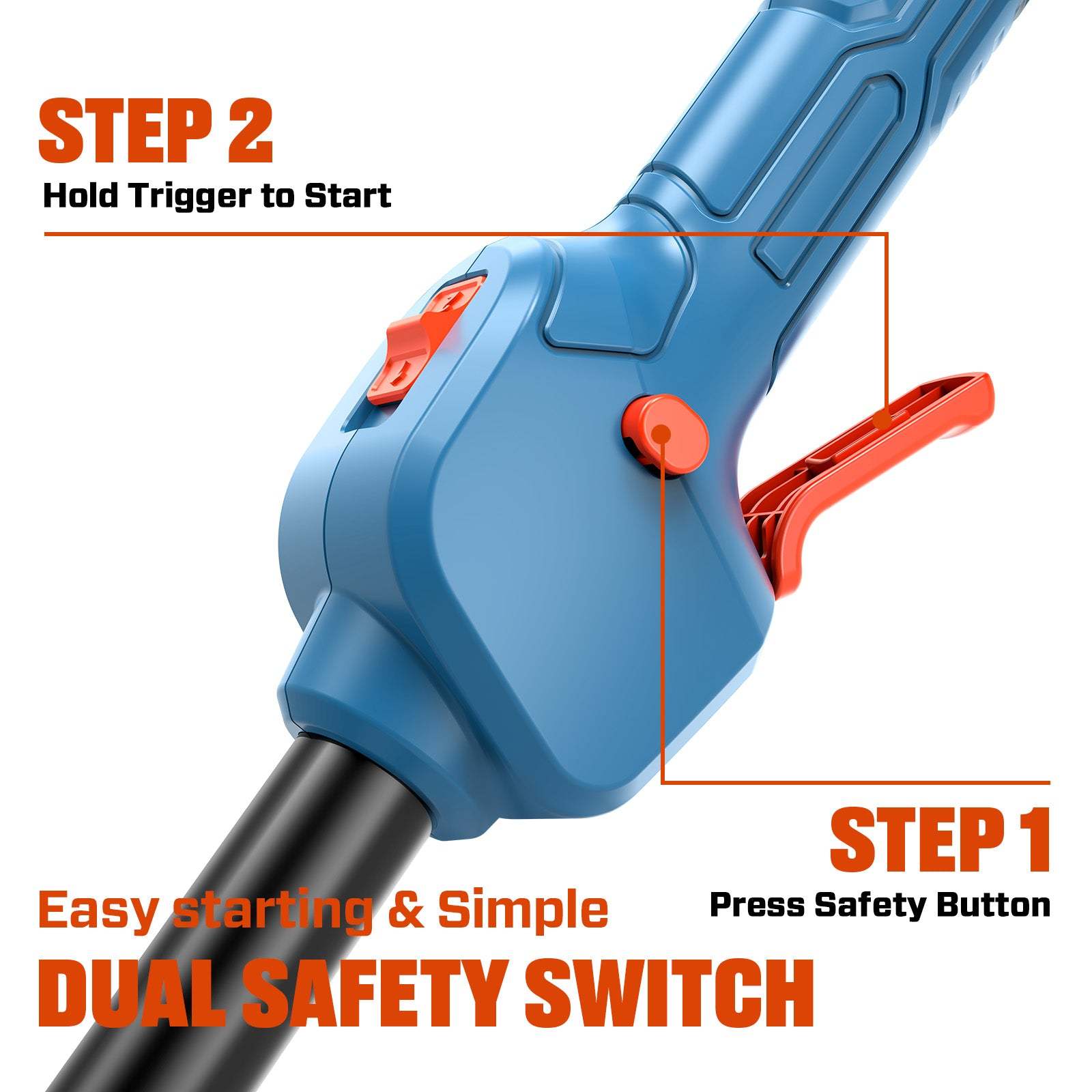 Sure, here is the corrected and grouped text:

---

**STEP 1**  
Press Safety Button

**STEP 2**  
Hold Trigger to Start

Easy starting & Simple  
**DUAL SAFETY SWITCH**

---