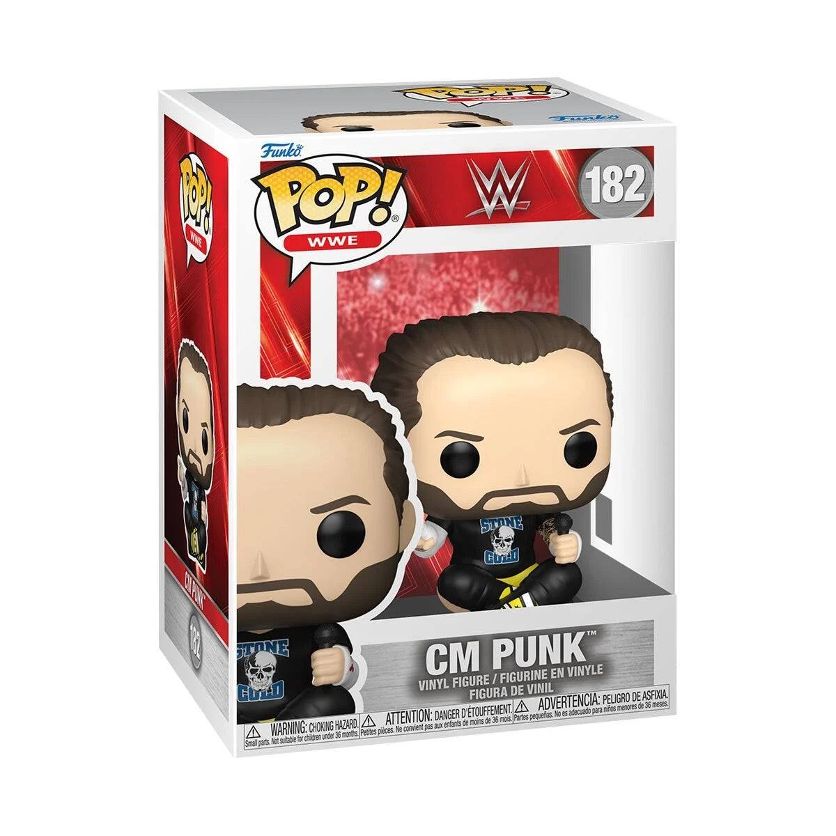 Sure, here is the corrected and grouped text from the image:

---

**Funko POP! WWE**

**182**

**CM PUNK**

**VINYL FIGURE / FIGURINE EN VINYLE / FIGURA DE VINIL**

**WARNING: CHOKING HAZARD △ ATTENTION: DANGER D'ÉTOUFFEMENT △ ADVERTENCIA: PEIGURO DE ASFIXIA**

**Small parts, not suitable for children under 3 years. / Petites pièces, pas adaptées pour les enfants de moins de 3 ans. / Piezas pequeñas, no aptas para niños menores de 3 años.**

**STONE COLD**

---

This text is organized to reflect the information on the packaging.