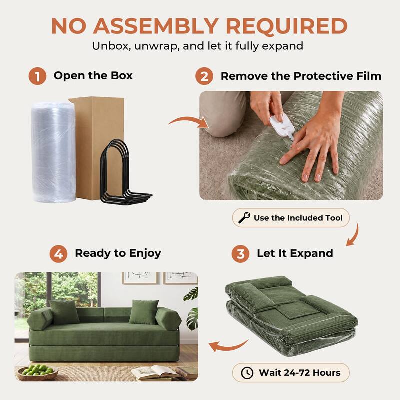 NO ASSEMBLY REQUIRED  
Unbox, unwrap, and let it fully expand

1. Open the Box
2. Remove the Protective Film
3. Let It Expand
4. Ready to Enjoy

Use the Included Tool  
Wait 24-72 Hours