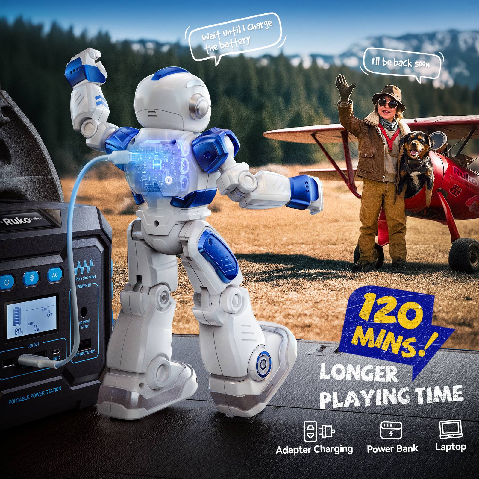 Until I charge the battery, I'll be back soon.  
Ruko AC W Pun K ... WR a D a D NPT a 04 ar 89% S8 2u MO O POWER STATION PORTABLE 120 MINS! LONGER PLAYING TIME  
Adapter Charging Power Bank Laptop