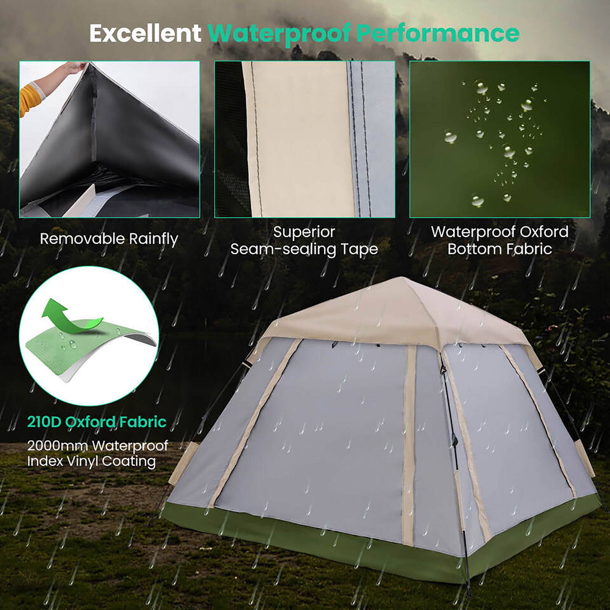 Excellent Waterproof Performance

- Removable Rainfly
- Superior Seam-sealing Tape
- Waterproof Oxford Bottom Fabric

210D Oxford Fabric
2000mm Waterproof Index Vinyl Coating