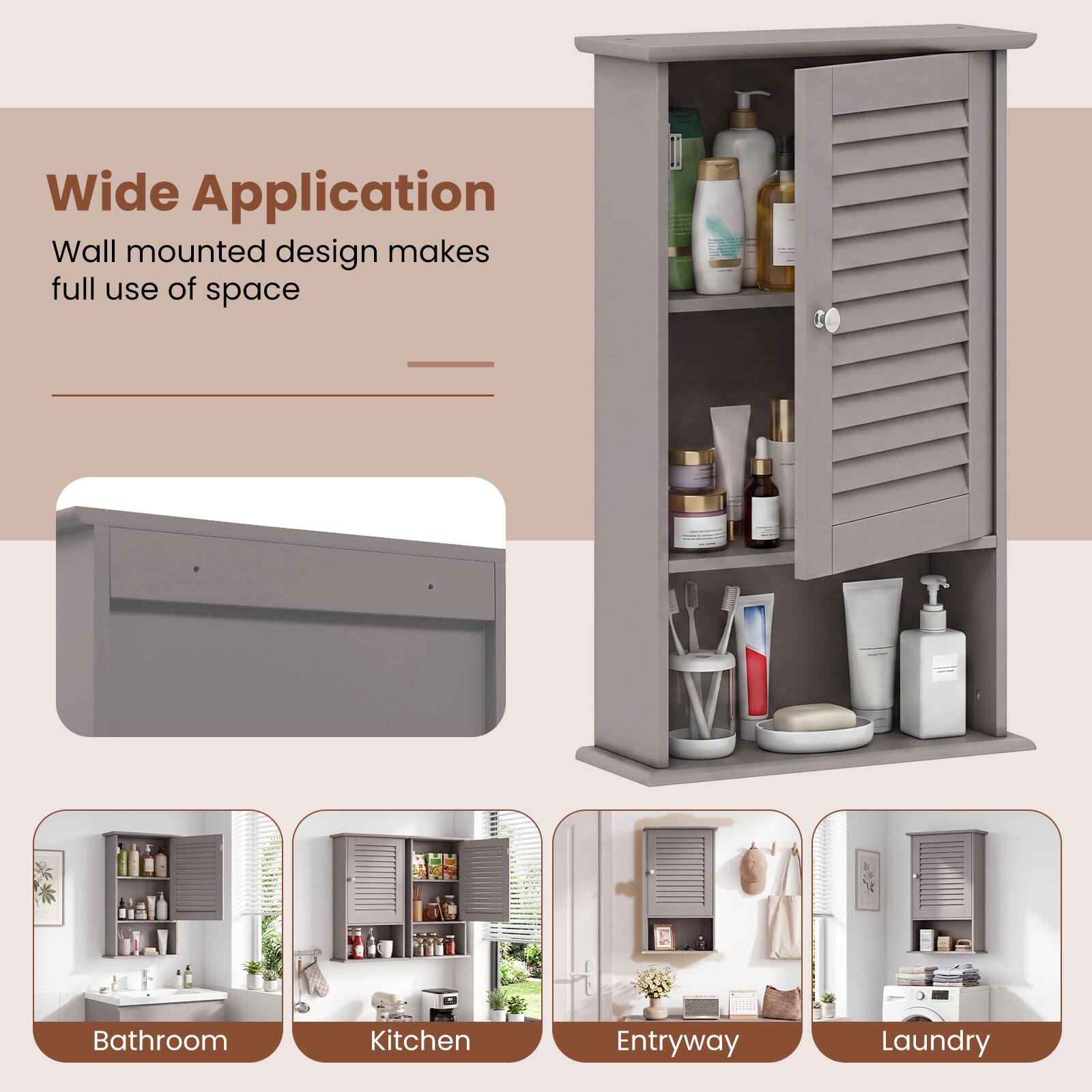 Wide Application  
Wall mounted design makes full use of space  

Bathroom  
Kitchen  
Entryway  
Laundry