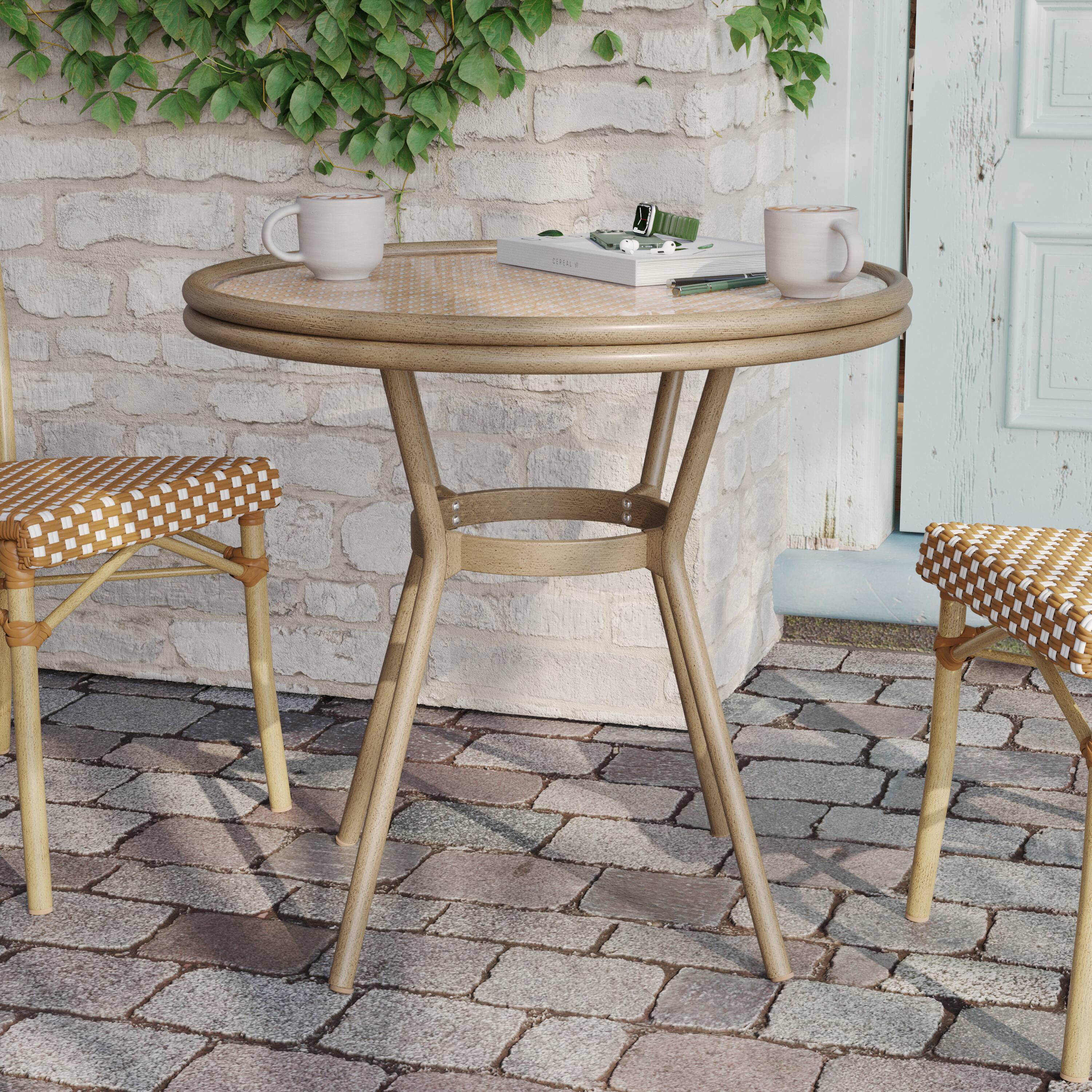 Alt View 1. Flash Furniture - Lourdes Indoor/Outdoor Commercial Bistro 31.5" Table, Natural/White PE Rattan, Glass Top, Bamboo Print Aluminum Frame in - Natural.