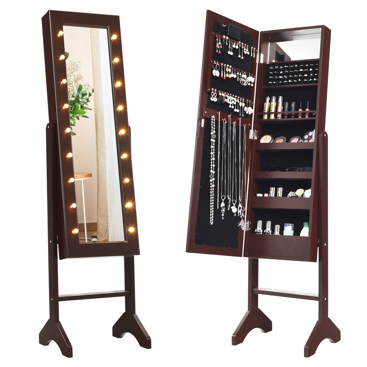 Alt View 2. Gymax - Gymax Full Length Mirror Jewelry Organizer Vanity Box w/ 18 LED Lights Brown - Brown.