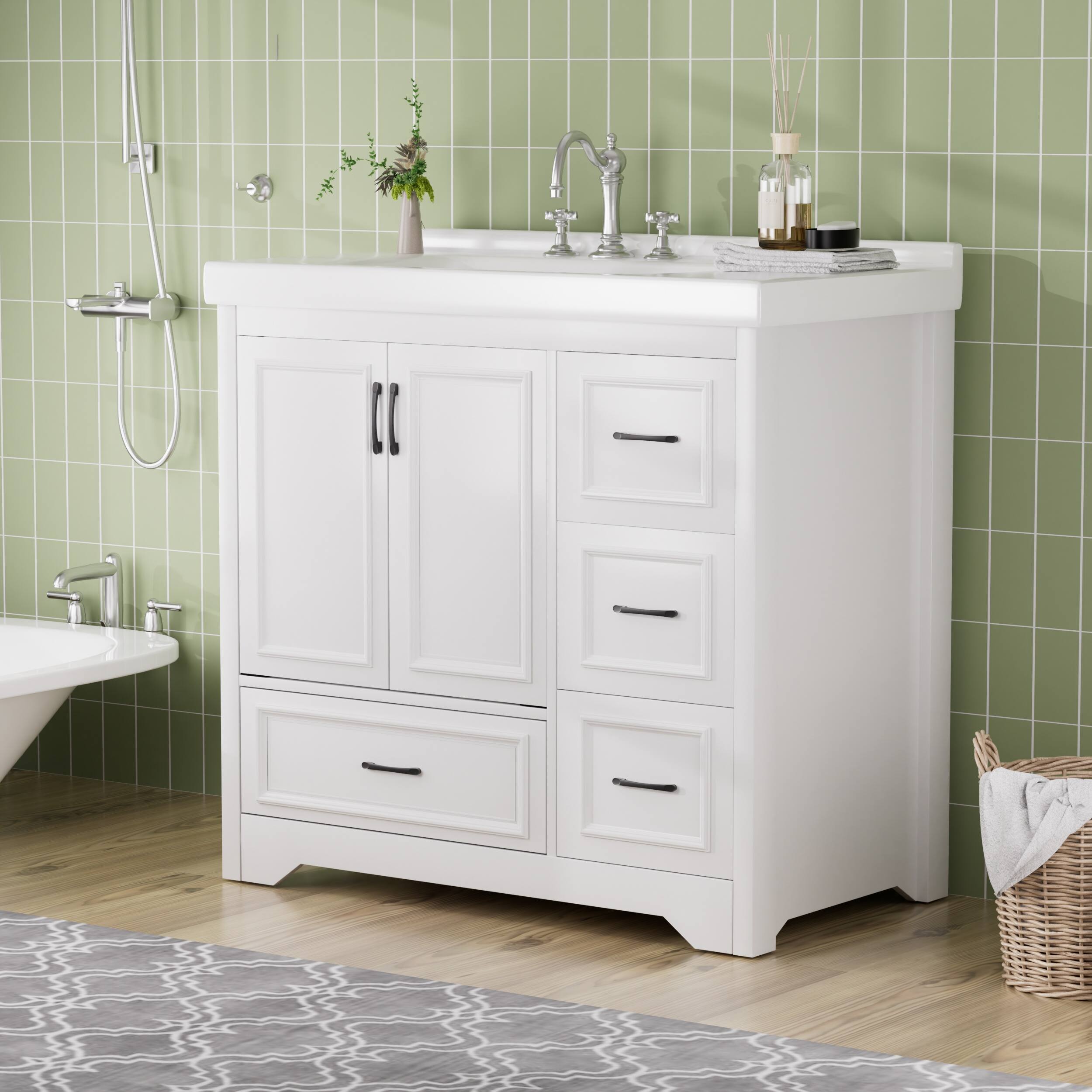 Left. Tiramisubest - 36" Bathroom Vanities with Single Sink, Bathroom Sink Cabinet with 2 Closing Doors & 4 Drawers. White - White.