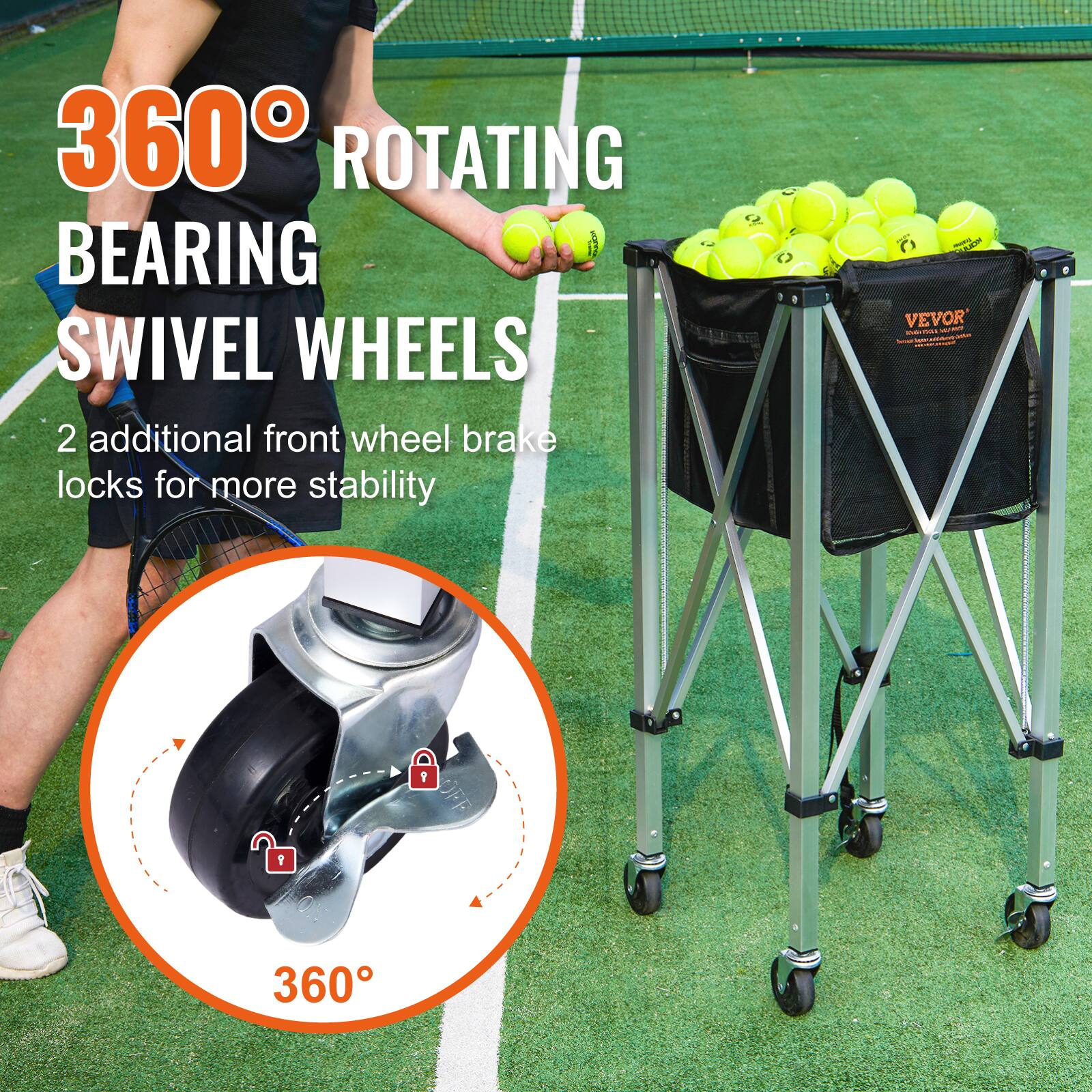 360° ROTATING BEARING SWIVEL WHEELS  
2 additional front wheel brake locks for more stability  

VEVOR  
360°