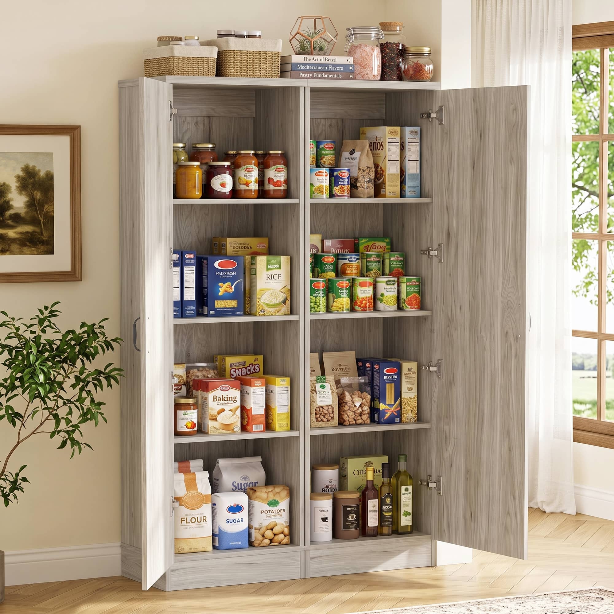 Aheaplus - 2-Pack Farmhouse Pantry Cabinets ,Adjustable Shelves, Reversible Doors, Slim Freestanding Organizers,Ships in 2 packages - White Oak