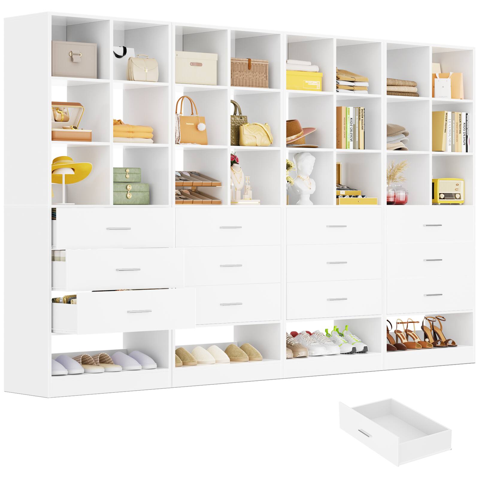 Left. Aheaplus - 7.9 FT Modular Wardrobe System 4-Piece Set with 12 Drawers & 24 Cube Storage, Large Walk-in Closet Organizer Unit - White.