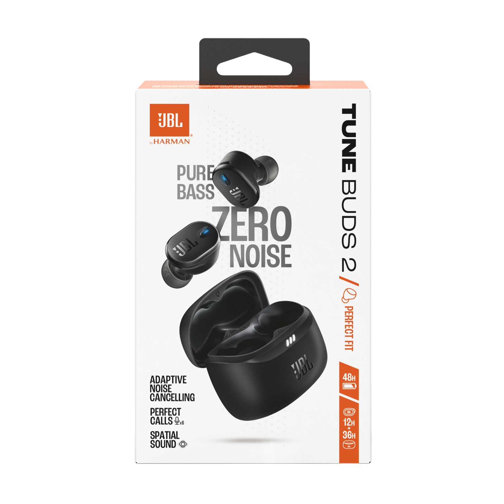 JBL HARMAN PURE BASS ZERO NOISE TUNE BUDS 2 ADAPTIVE NOISE CANCELLING PERFECT CALLS SPATIAL SOUND PERFECT FIT 48H - 12H 36H