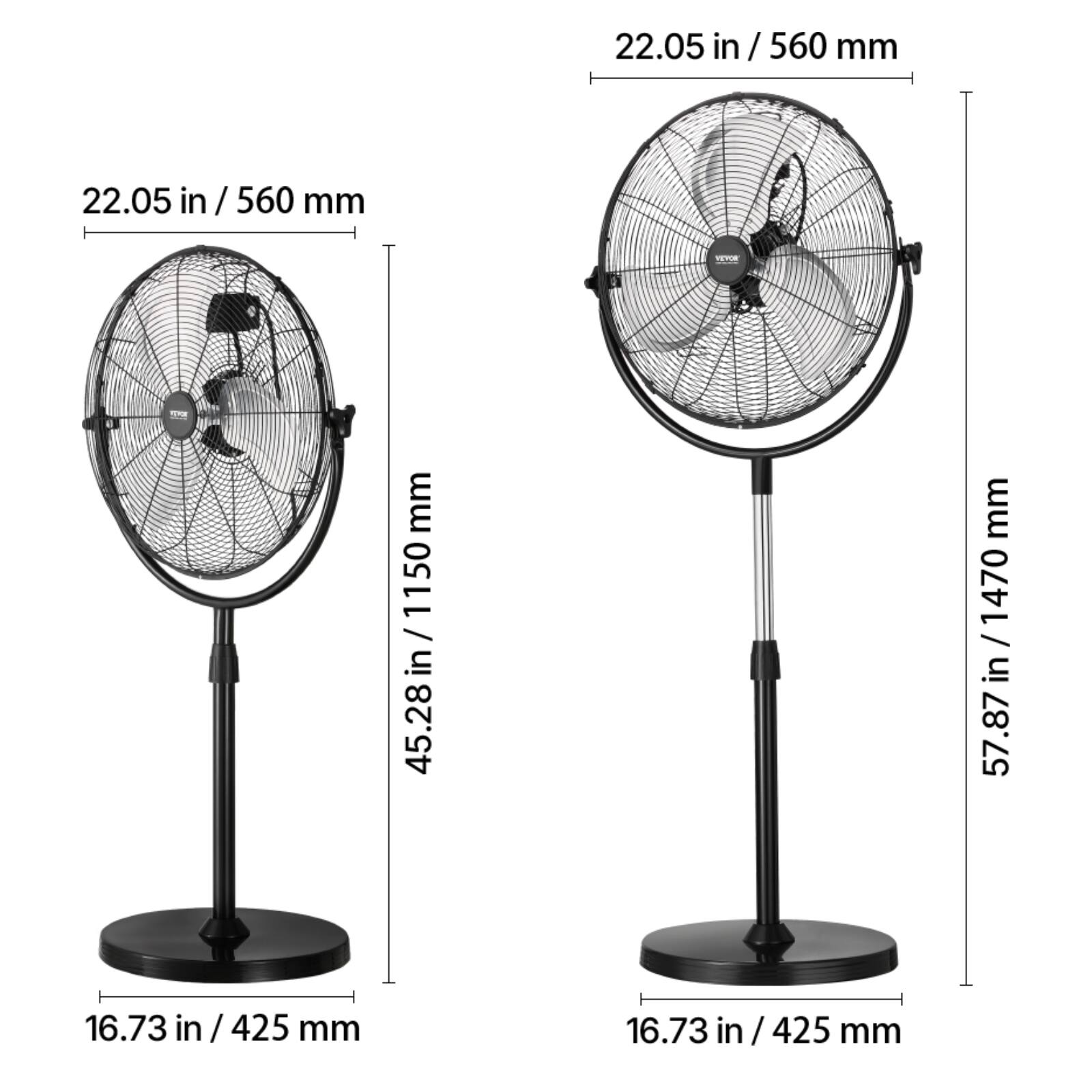 22.05 in / 560 mm  
45.28 in / 1150 mm  
16.73 in / 425 mm  

22.05 in / 560 mm  
57.87 in / 1470 mm  
16.73 in / 425 mm