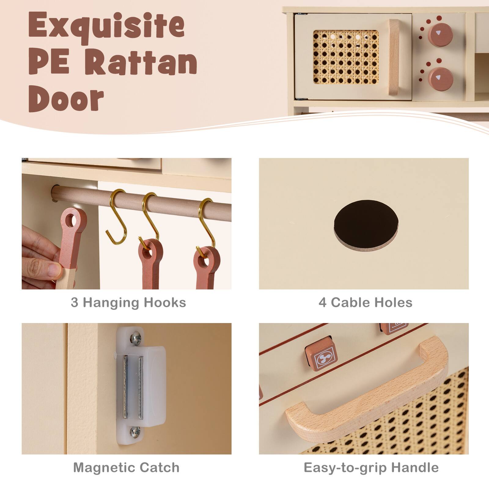 Exquisite PE Rattan Door

- 3 Hanging Hooks
- 4 Cable Holes
- Magnetic Catch
- Easy-to-grip Handle