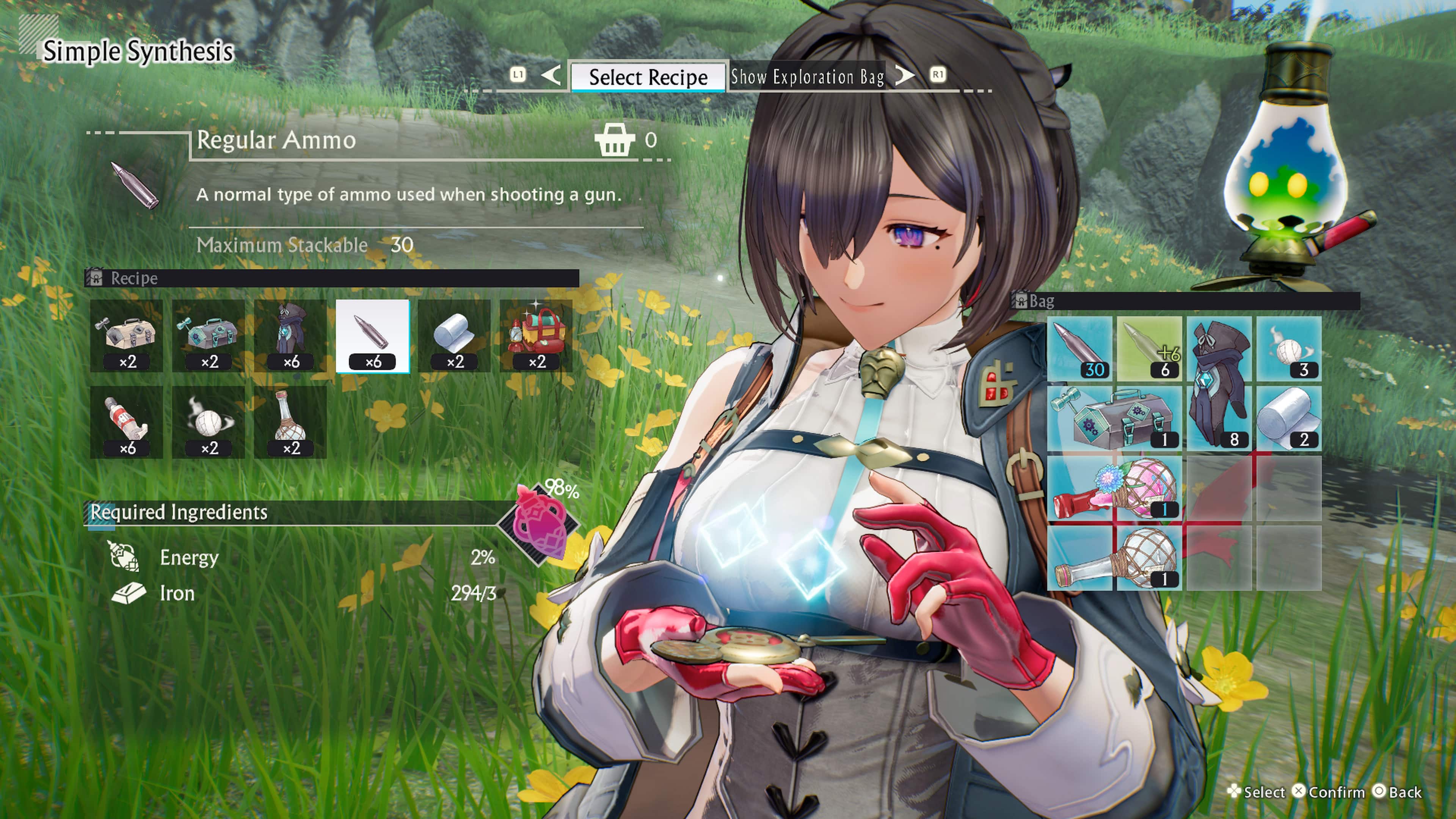 The text on the image is grouped and corrected as follows:
1. Simple Synthesis: This is a menu option that allows the player to combine items to create new ones.
2. Select Recipe: This is another menu option that allows the player to choose a specific recipe to follow.
3. Show Exploration Bag: This is a menu option that displays the contents of the player's exploration bag.
4. Regular Ammo: This is a type of ammo used when shooting a gun. The maximum stackable amount is 30.
5. Recipe Bag x2: This item is used to create new recipes.
6. x2 x6 x6 x2 x2: These are the required ingredients for the recipe.
7. x6 x2 x2: These are the ingredients needed to create the recipe.
8. I: This is the image of the recipe.
9. 8: This is the number of ingredients needed to create the recipe.
10. 2: This is the number of recipes that can be created using the ingredients.
11. Required Ingredients: This is the name of the menu option that displays the required ingredients for the recipe.
12. 98%: This is the percentage of energy required to create the recipe.
13. Iron: This is the type of ingredient needed to create the recipe.
14. 2%: This is the percentage of the recipe that requires iron.
15. 294/3: This is the amount of iron needed to create the recipe.
16. I: This is the image of the recipe.
17. Select: This is a menu option that allows the player to choose a specific recipe to follow.
18. x Confirm: This is a menu option that allows the player to confirm their selection.
19. O: This is a menu option that allows the player to go back to the previous menu.