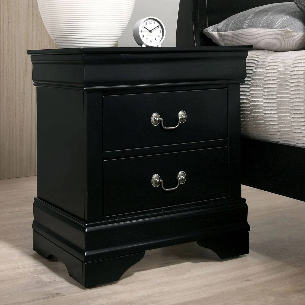 Angle. Loheer - Loheer Black Solid Wood Nightstand with Two Drawers for Bedroom Storage - Black.