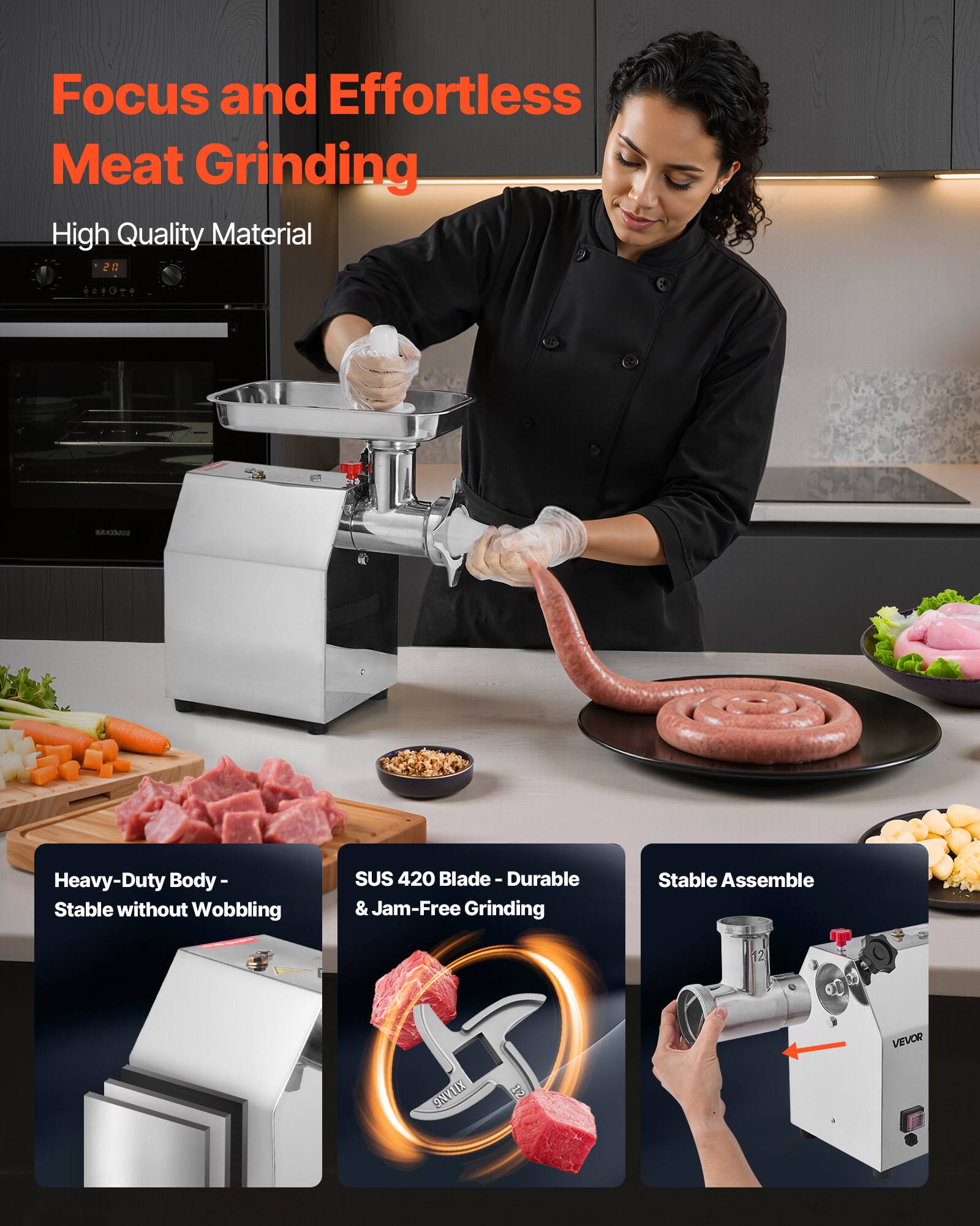 Focus and Effortless Meat Grinding  
High Quality Material  

Heavy-Duty Body - Stable without Wobbling  
SUS 420 Blades - Durable & Jam-Free Grinding  
Stable Assemble  

VEVOR