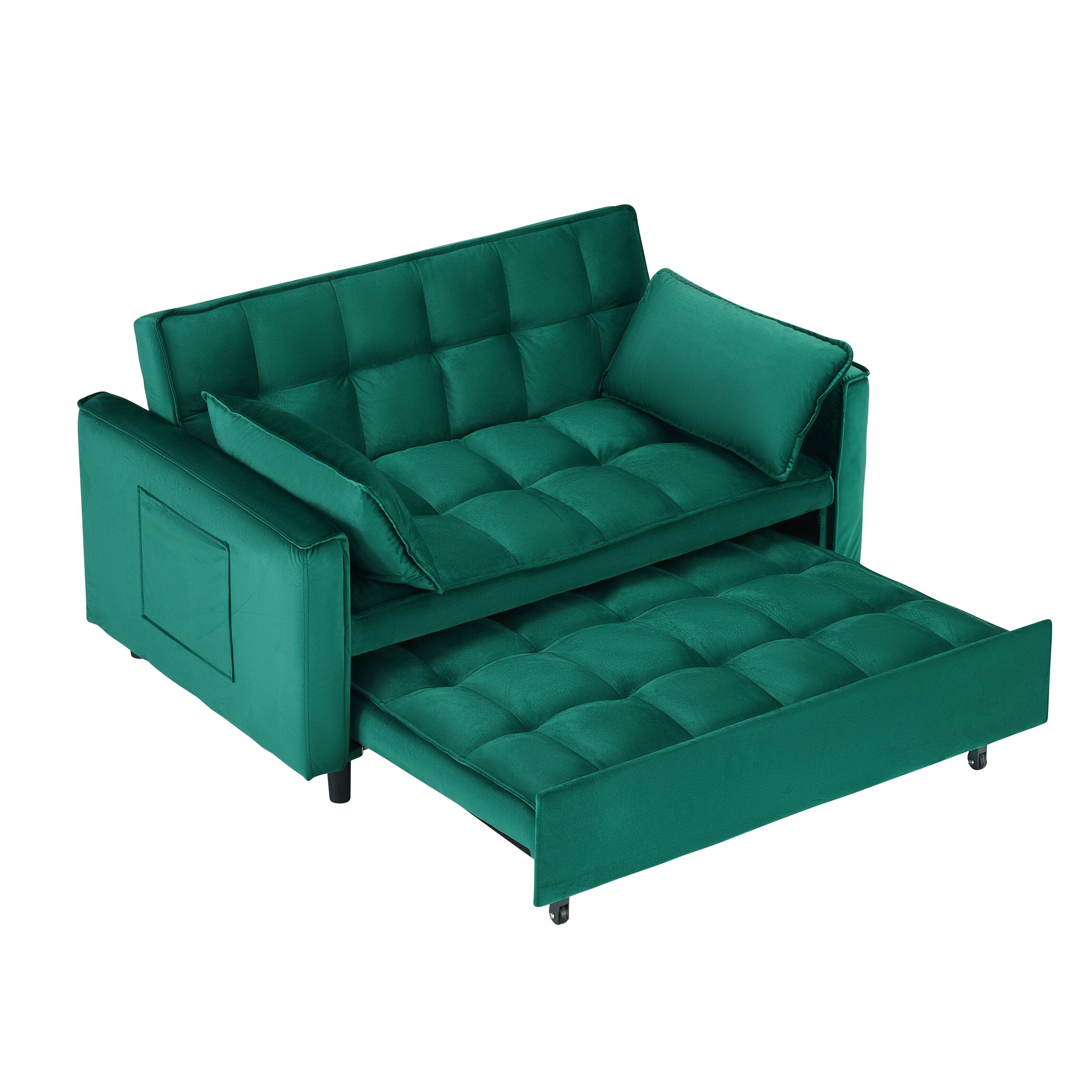 Alt View 3. GOODSILO - Elegant 55-Inch Velvet Sofa Bed with Storage Pockets - Three-in-One Convertible Design - Green.