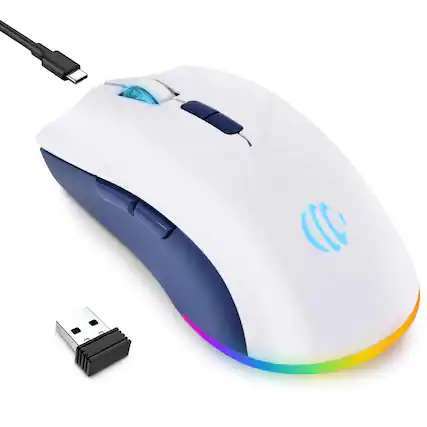 Front. HM 1810 - Mouse Rechargeable Optical Adjustable Led Silent Dual Mode Pc Ipad Wide Compatibility - White and Blue.
