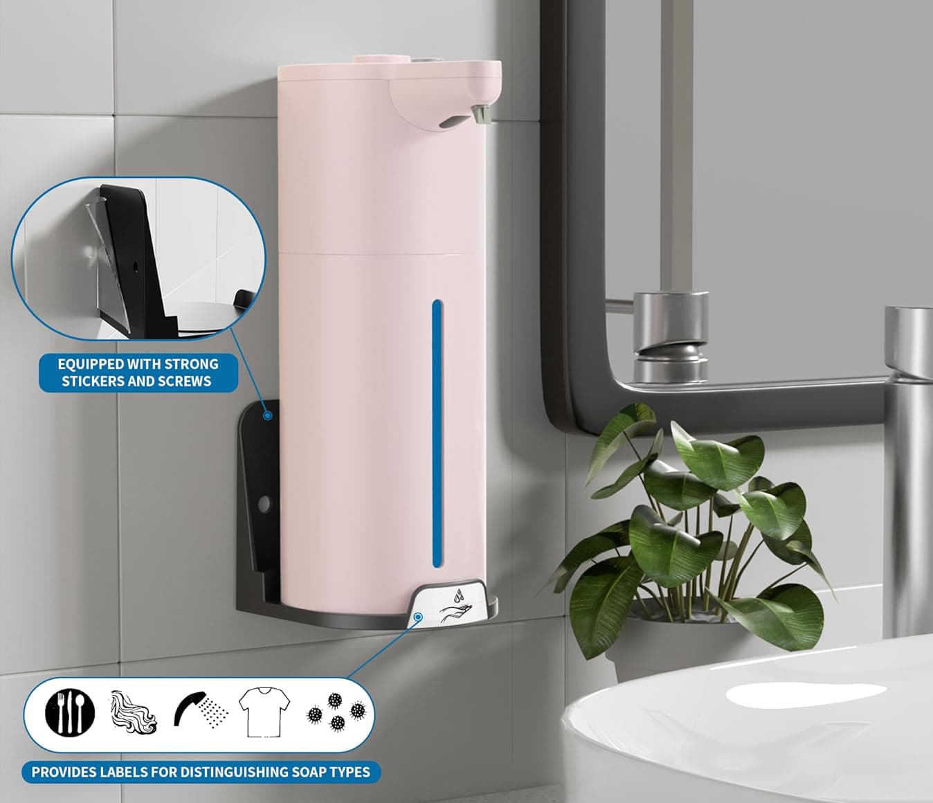 EQUIPPED WITH STRONG STICKERS AND SCREWS  
PROVIDES LABELS FOR DISTINGUISHING SOAP TYPES