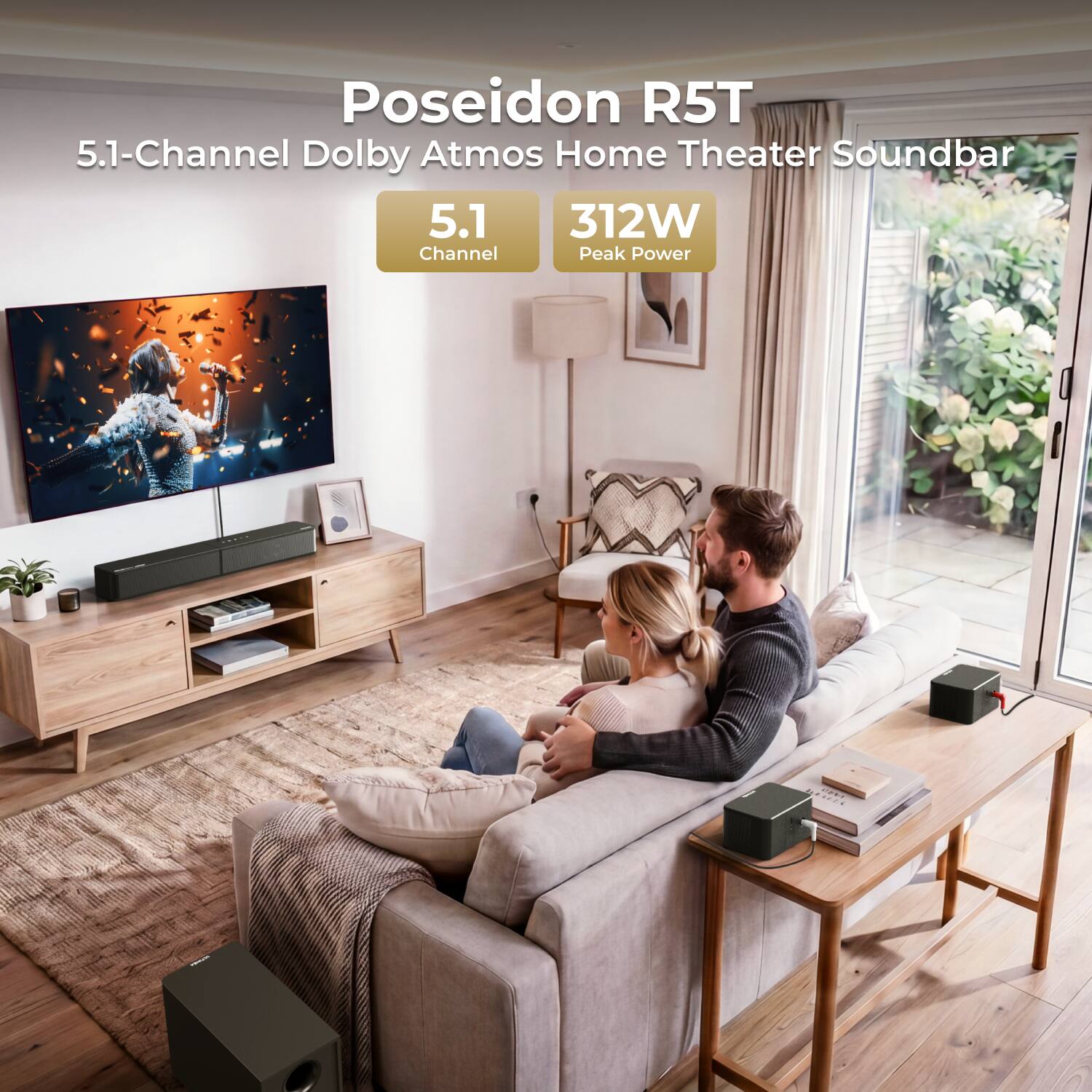 Poseidon R5T 5.1-Channel Dolby Atmos Home Theater Soundbar  
5.1 Channel  
312W Peak Power