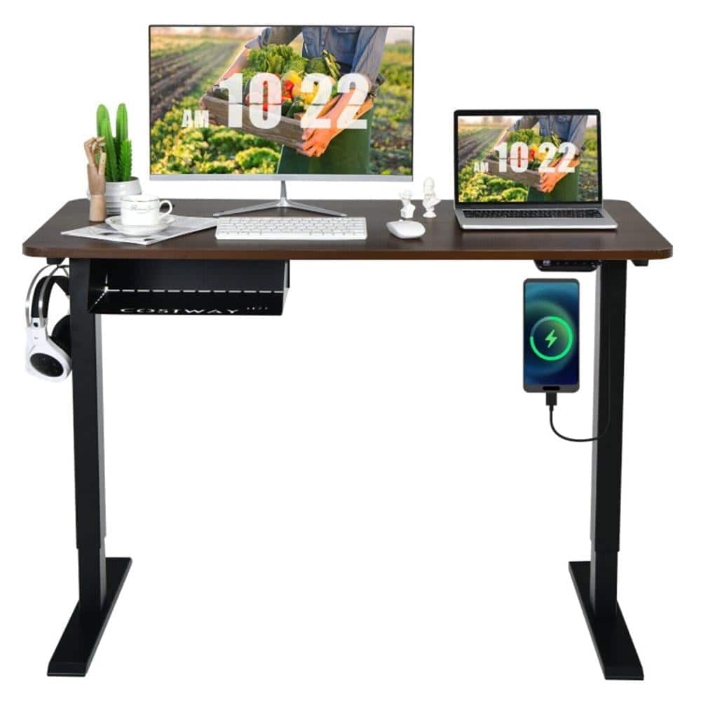 Pefilos - 48" Electric Height Adjustable Standing Desk with Control Panel, Small Home Office Desk Study Writing Table - Walnut