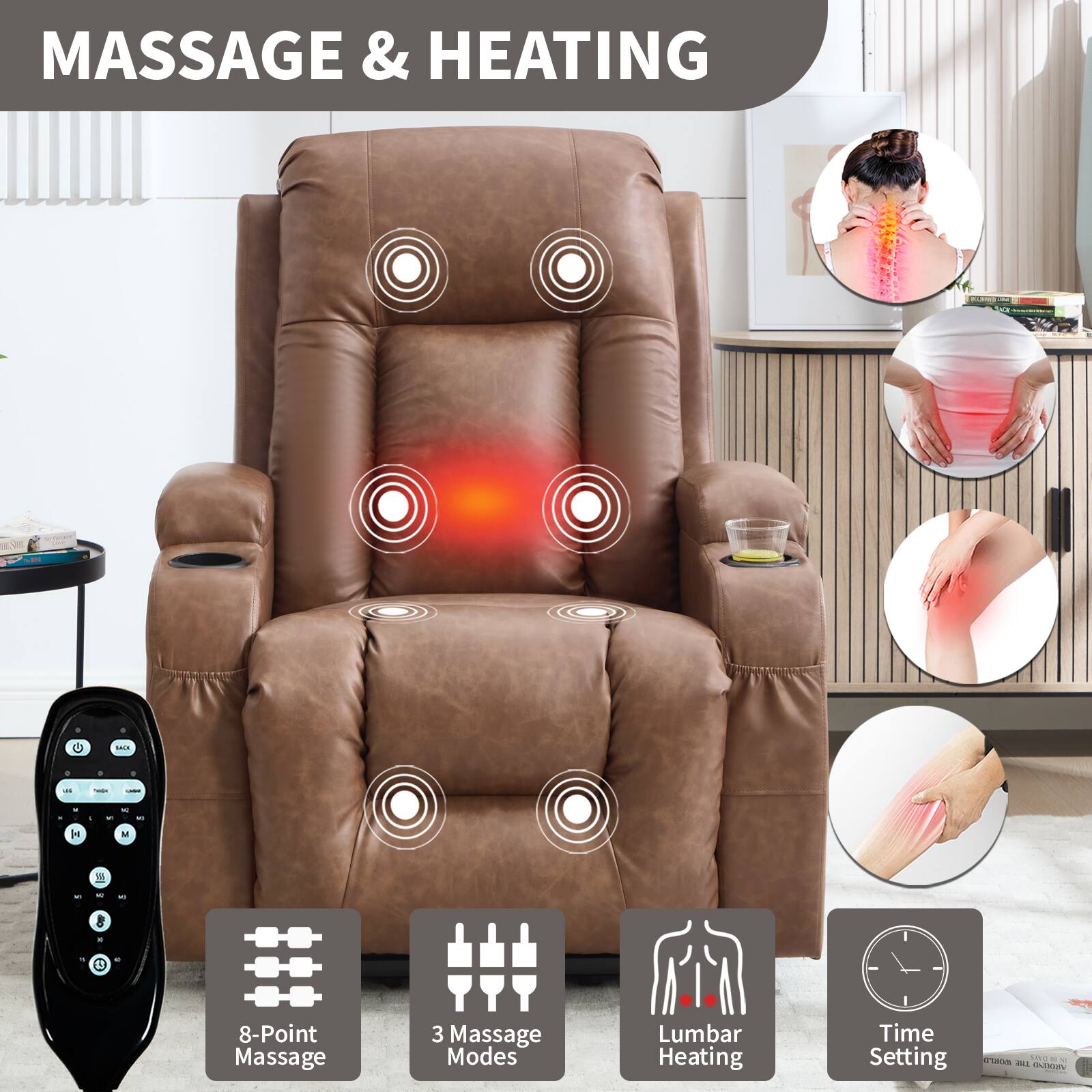 MASSAGE & HEATING

- 8-Point Massage
- 3 Massage Modes
- Lumbar Heating
- Time Setting