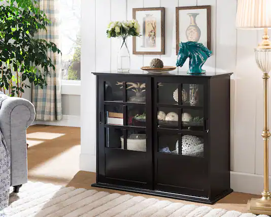 Front. Kings Brand Furniture - Kings Brand Furniture Holmes Espresso Wood Curio Cabinet with Glass Sliding Doors - Black.