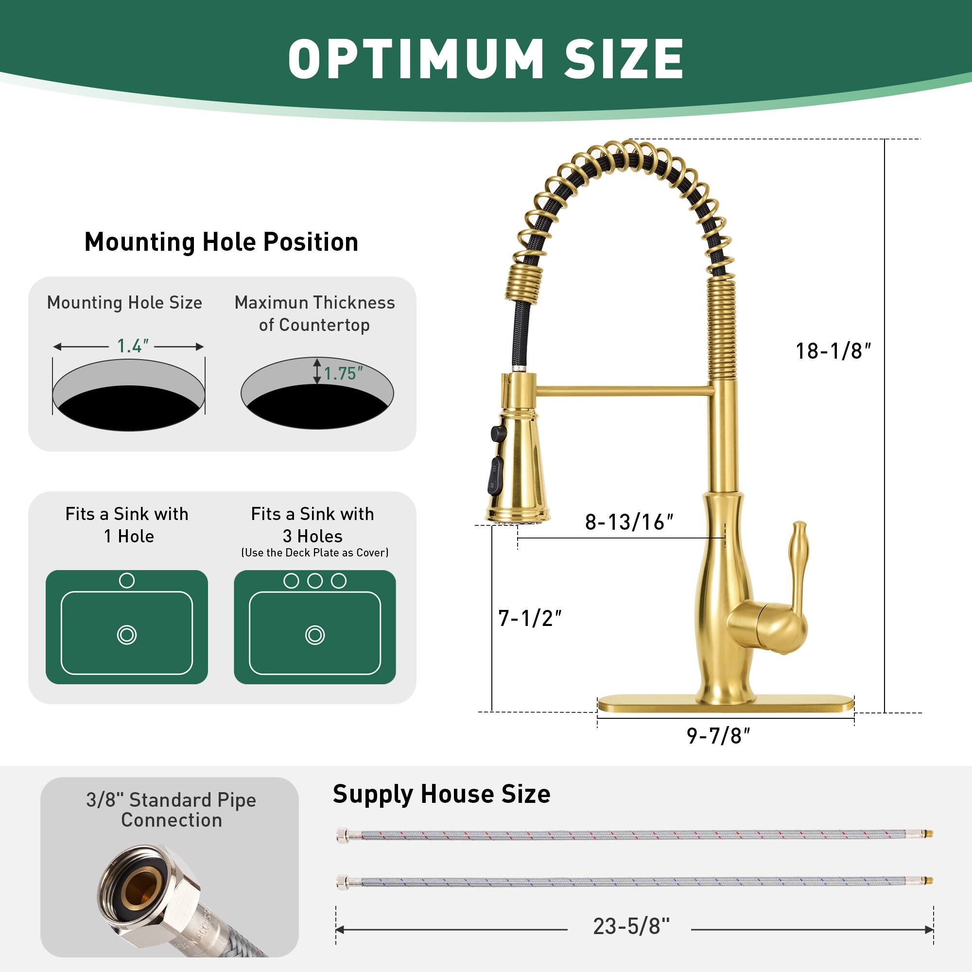 OPTIMUM SIZE

Mounting Hole Position

- Mounting Hole Size: 1.4"
- Maximum Thickness of Countertop: 1.75"

Fits a Sink with 1 Hole

Fits a Sink with 3 Holes
[Use the Deck Plate as Cover]

3/8" Standard Pipe Connection

Supply House Size: 23-5/8"

Dimensions:
- 18-1/8"
- 8-13/16"
- 7-1/2"
- 9-7/8"