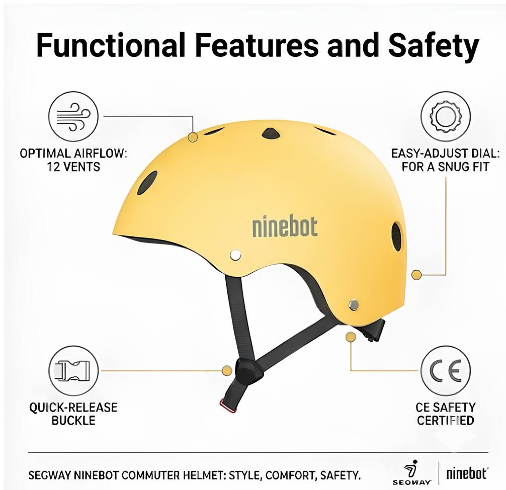 Functional Features and Safety

- OPTIMAL AIRFLOW: 12 VENTS
- EASY-ADJUST DIAL: FOR A SNUG FIT
- QUICK-RELEASE BUCKLE
- CE SAFETY CERTIFIED

SEGWAY NINEBOT COMMUTER HELMET: STYLE, COMFORT, SAFETY.