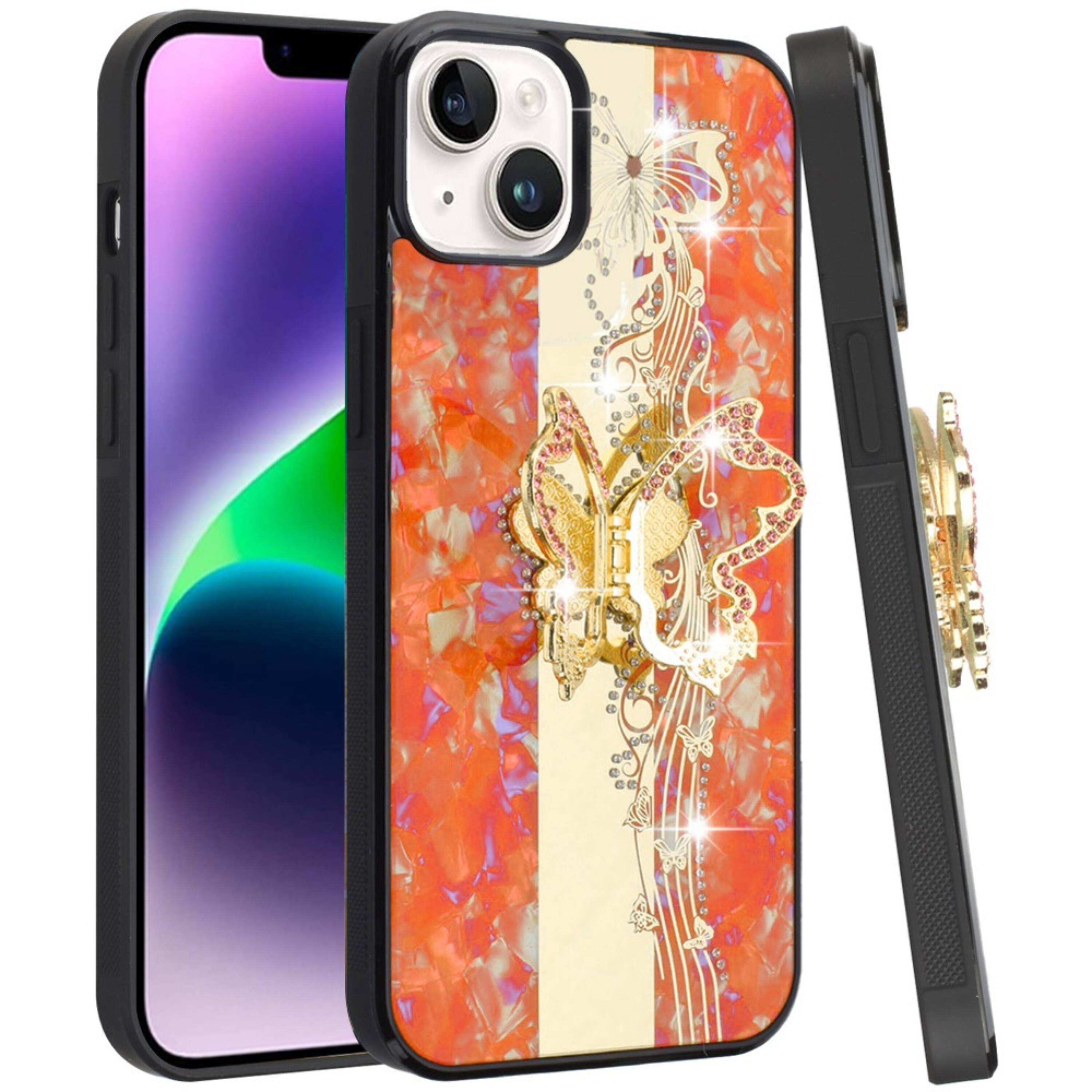 Angle. Kitcheniva - Rhinestone Bling Decor Glitter Case With Tempered Glass For iPhone 13 14 Cosmic Orange - Cosmic Orange.