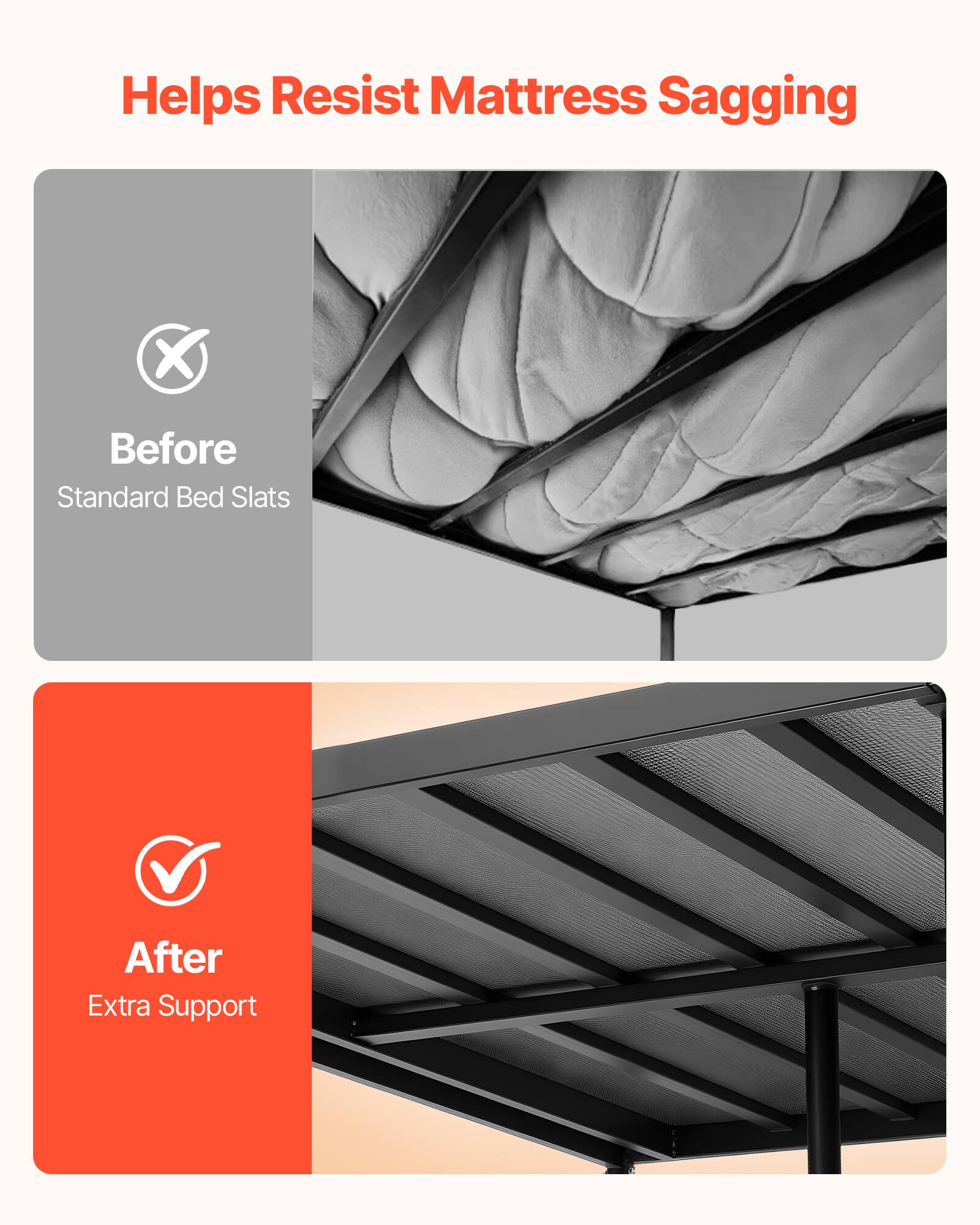 Helps Resist Mattress Sagging

Before
Standard Bed Slats

After
Extra Support
