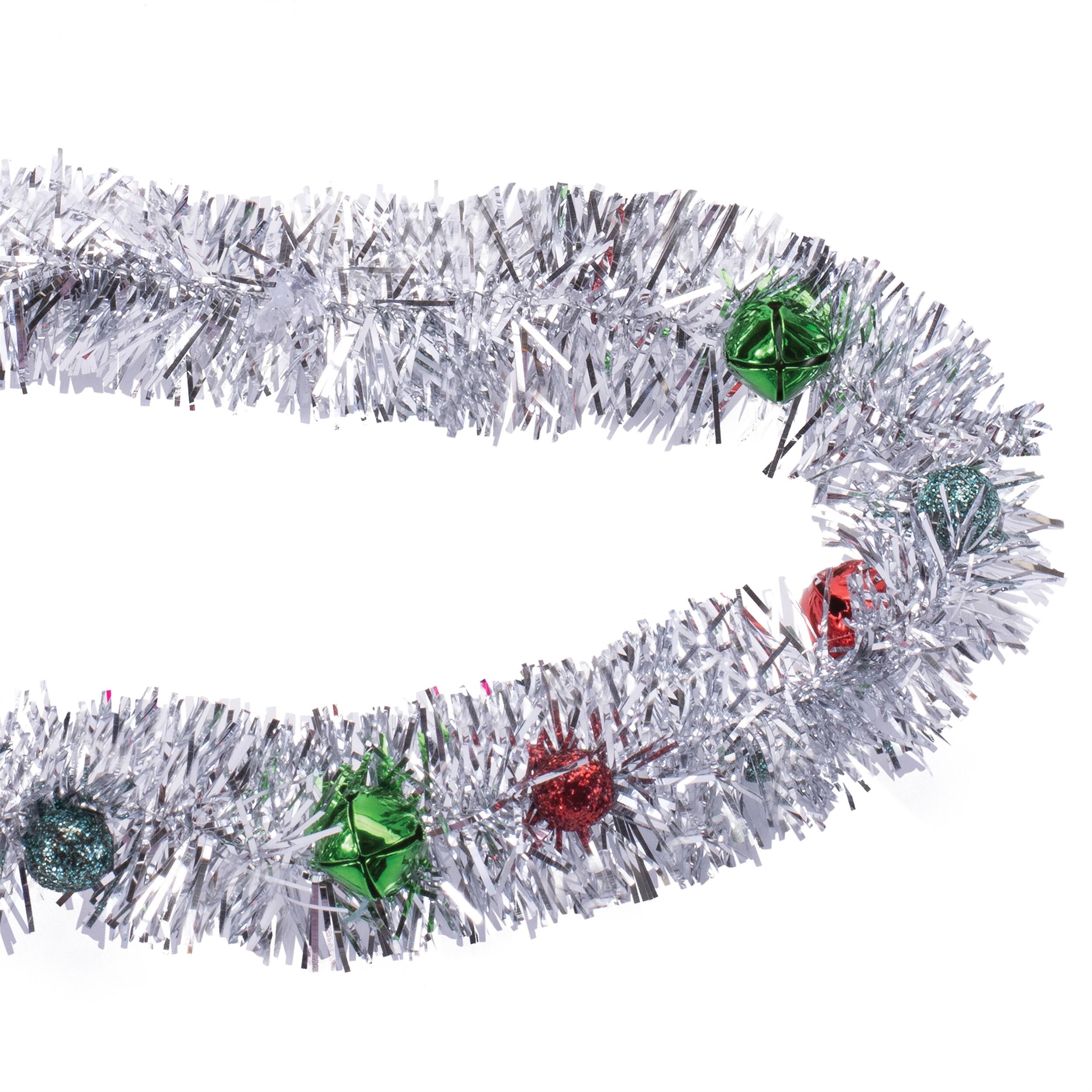 Angle. BreeBe - Tinsel Sleigh Bell Ornament Garland (Set of 2) - Silver, Red.