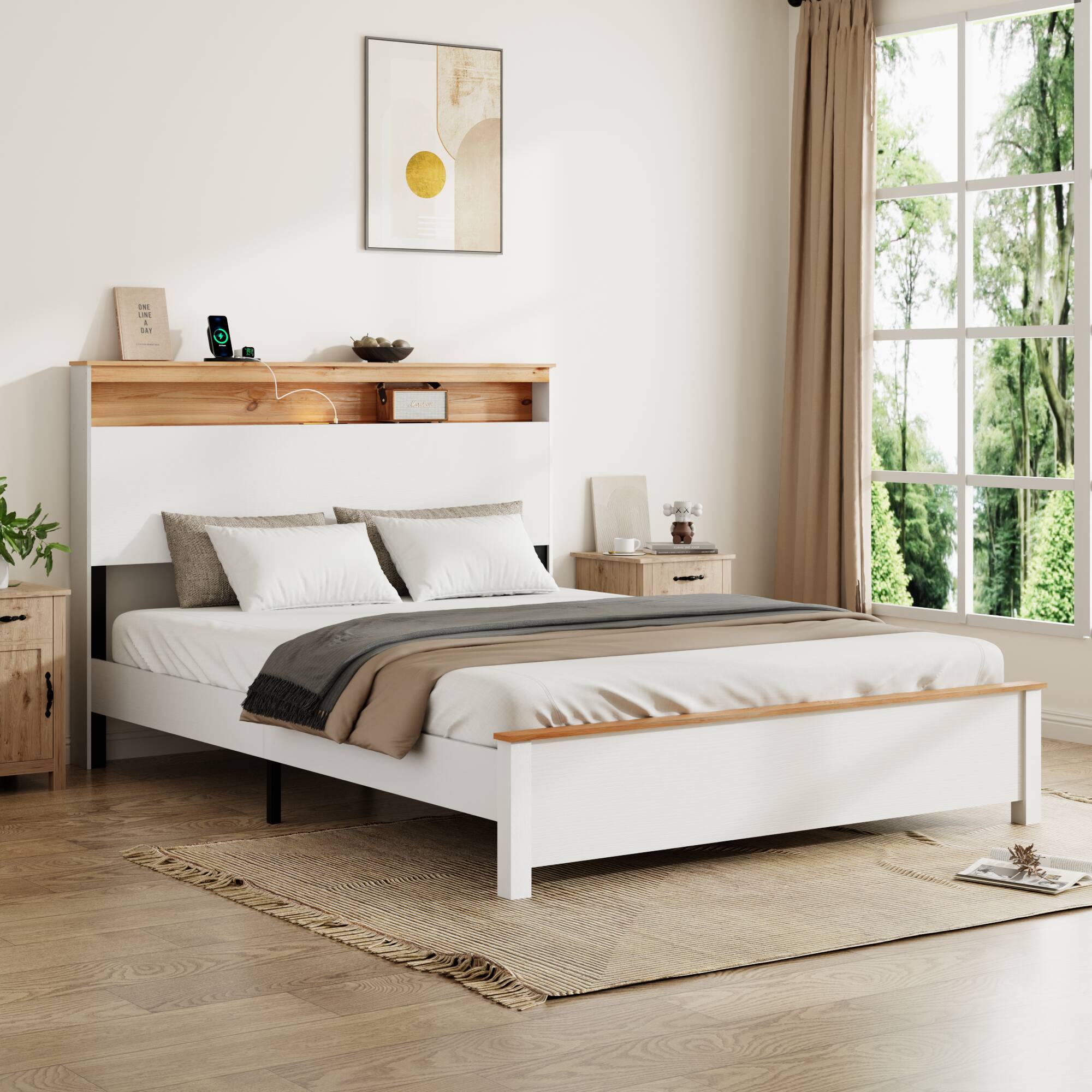Angle. LUCKY ONE - Queen Size Bed Frame With Storage Headboard and Built-in Charging Station - Antique White.