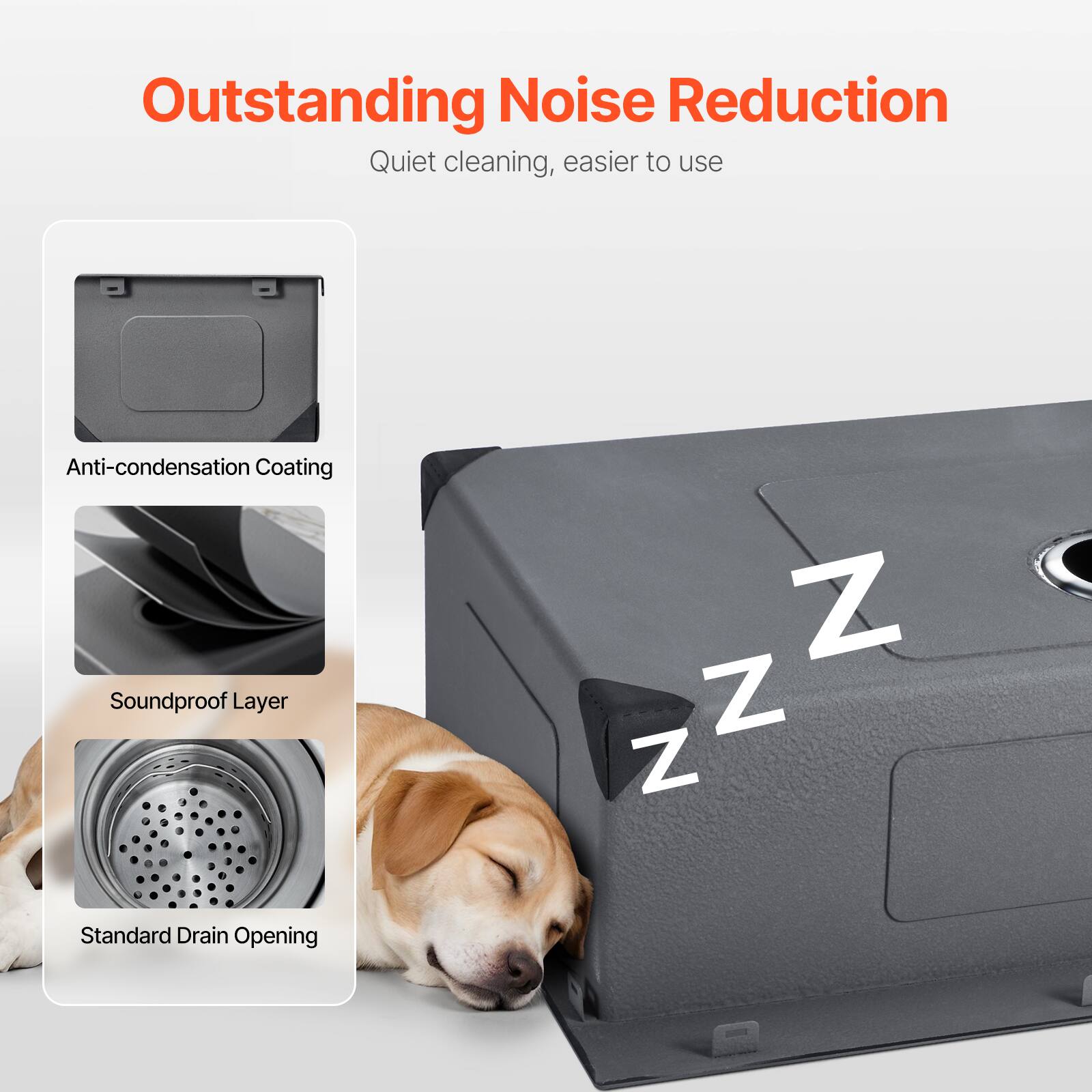 Outstanding Noise Reduction
Quiet cleaning, easier to use

Anti-condensation Coating
Soundproof Layer
Standard Drain Opening