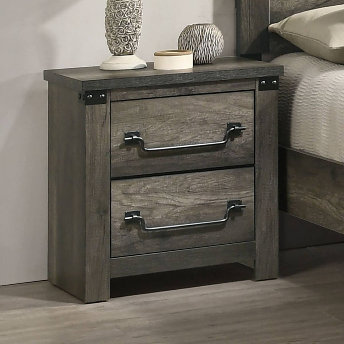 Back. Loheer - Loheer Rustic Gray Farmhouse Nightstand, Two Drawer Bedside Table with Metal Accents - Gray.