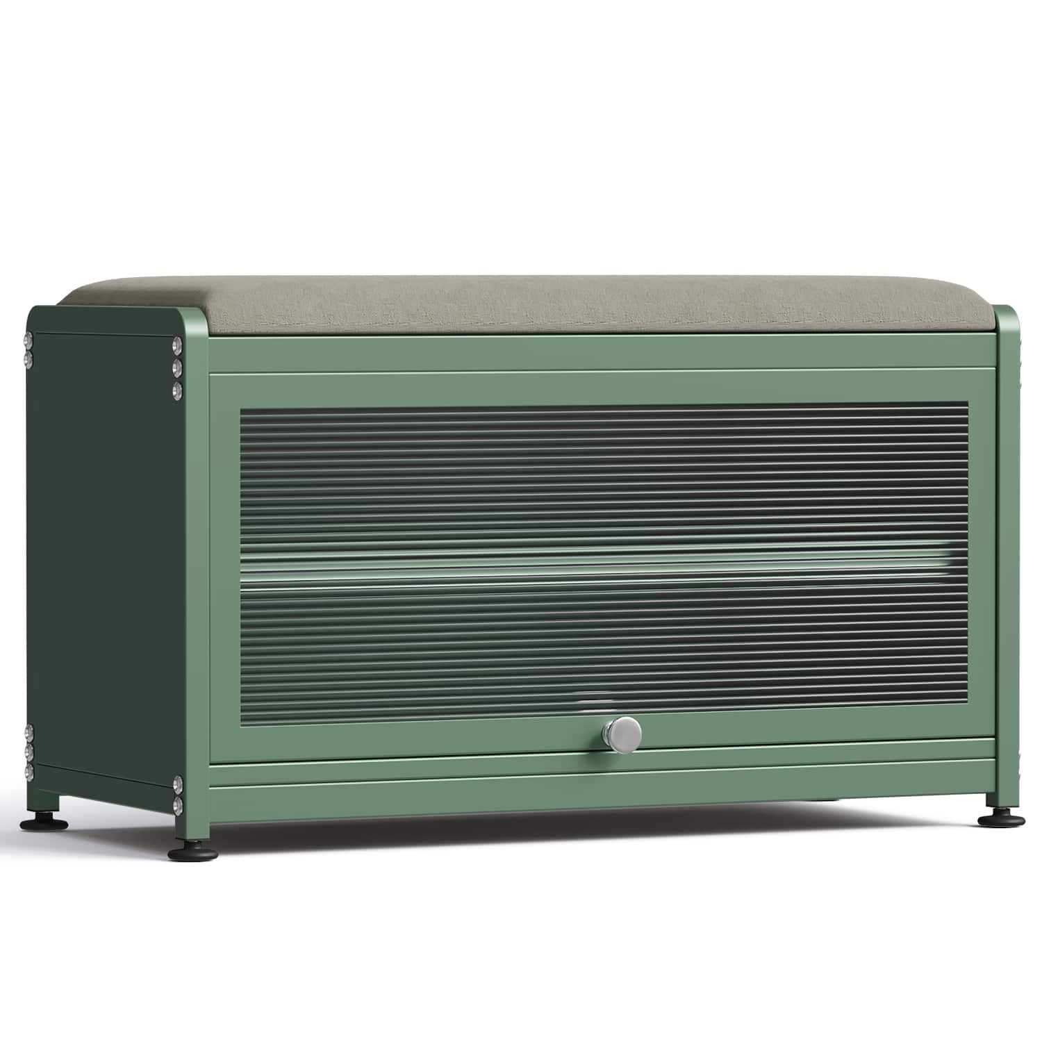 Front. Malletson - 3-Tier Shoe Storage Bench, Metal Shoe Rack with Removable Seat Cushion, for Entranceways, Hallways and Bedrooms - Green.