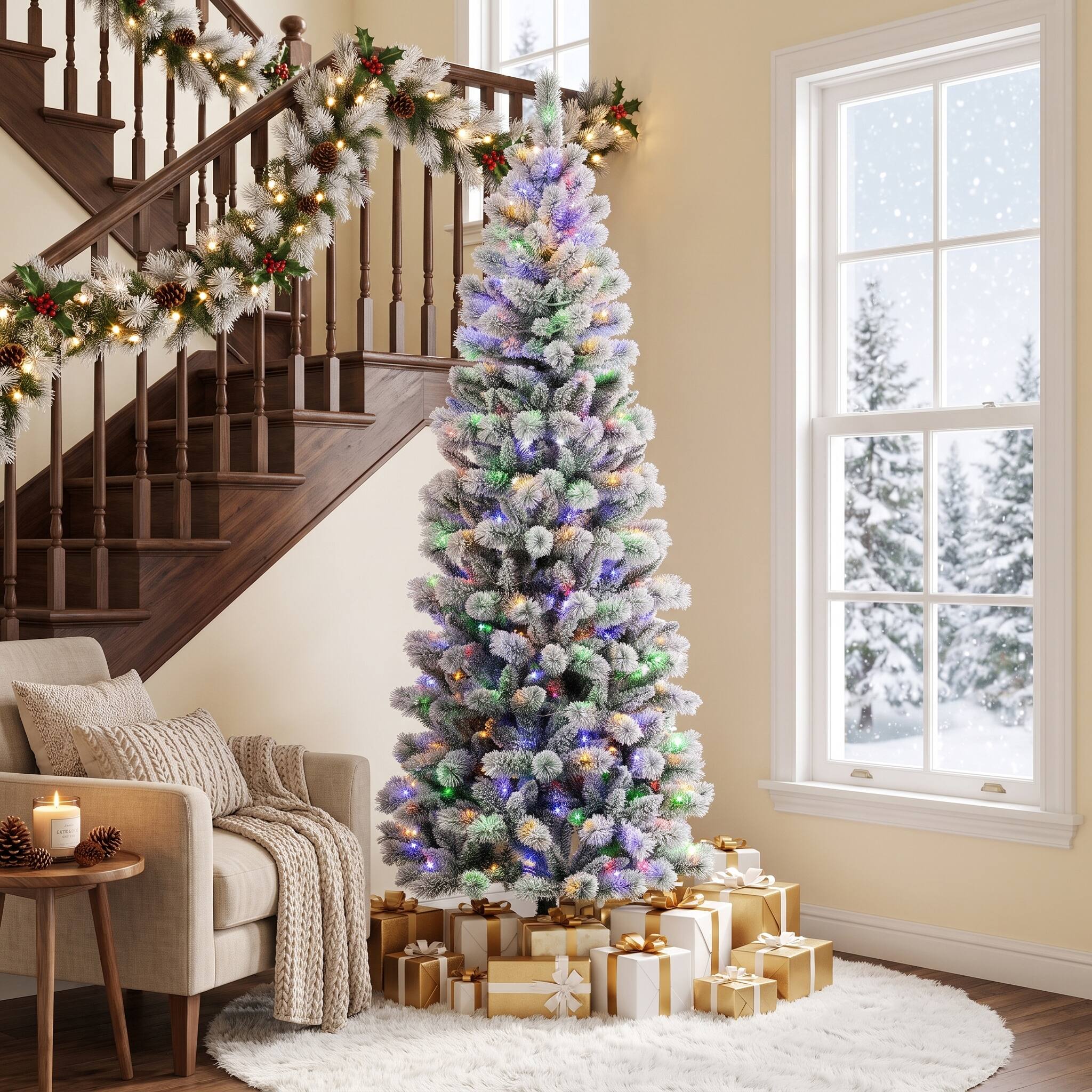 Alt View 8. Glitzhome - 7.5ft Pre-Lit Flocked Pencil Pine Artificial Christmas Pencil Tree with 300 LED Lights - Green.