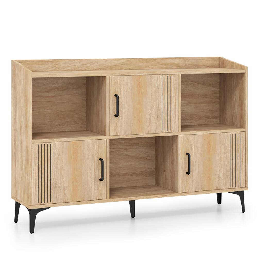 Alt View 1. Pefilos - Sideboard Storage Cabinet Bookcase, Cabinet with 3 Doors and Open Compartments, Oak - Brown.