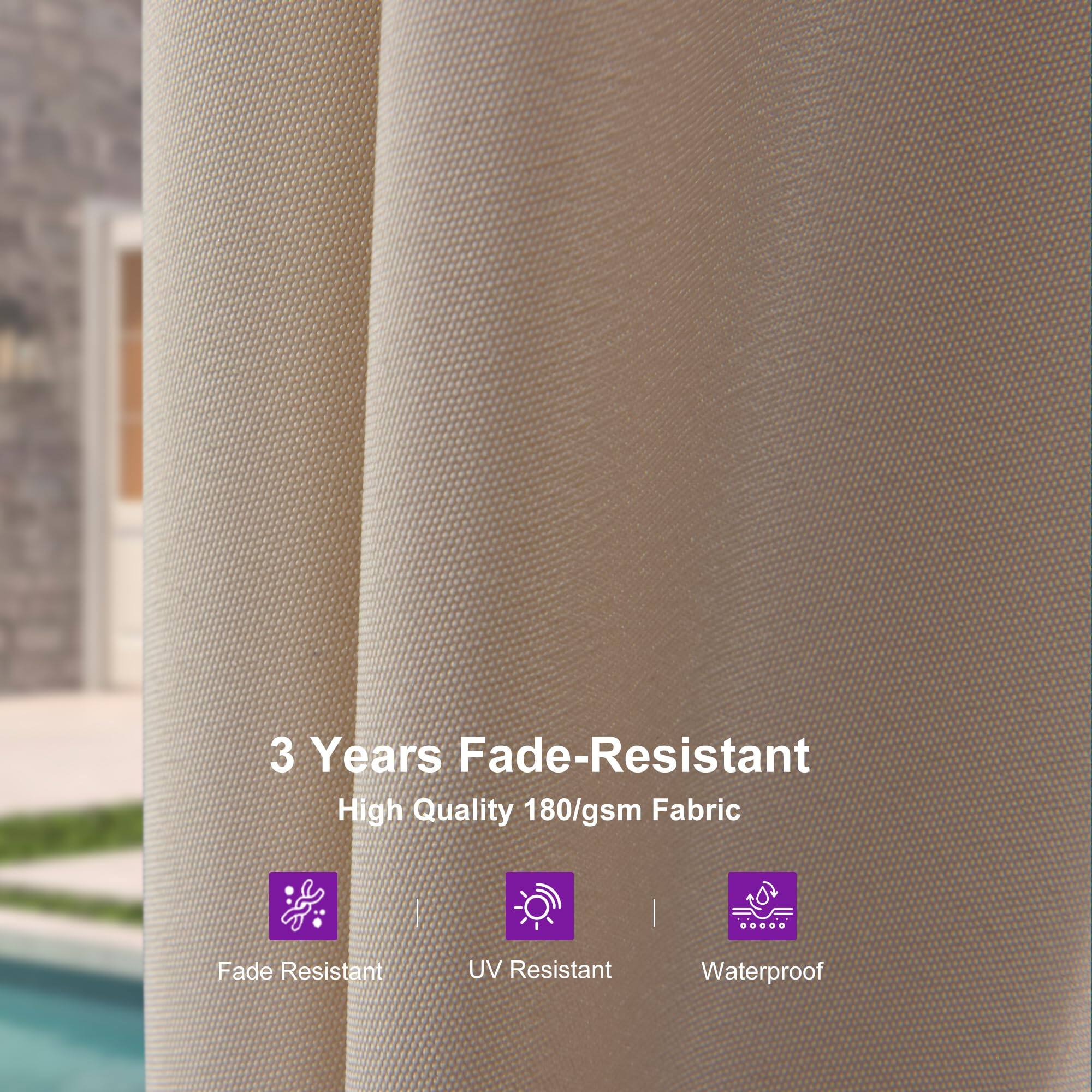 3 Years Fade-Resistant  
High Quality 180/gsm Fabric  

- Fade Resistant  
- UV Resistant  
- Waterproof
