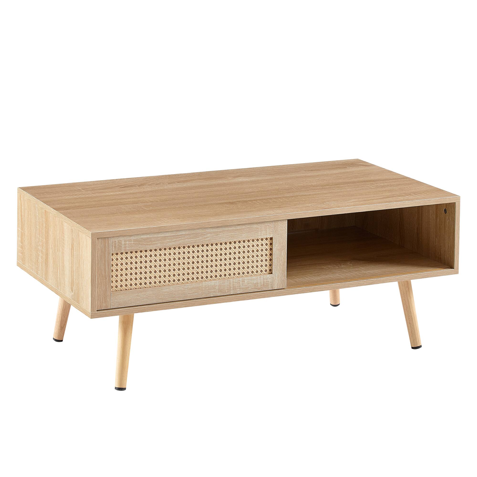 Alt View 2. Z-Edge - Mid-Century Modern Coffee Table with Storage, Rectangle Wooden Center Tables with Sliding Rattan Door for Living Room - Natural.