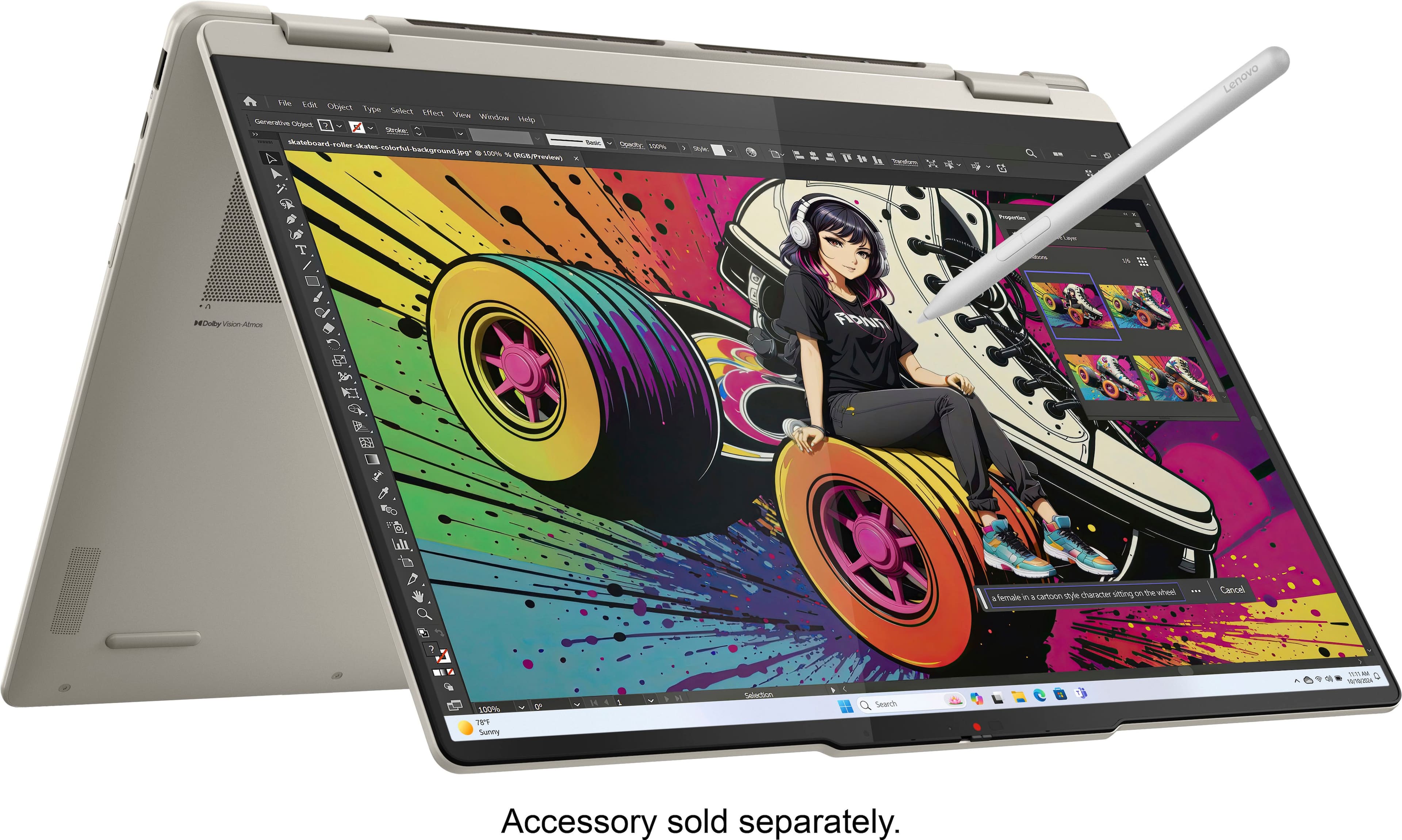 The text on the image reads: "Vde Edi Object Type Sefect Effect Viw Window HAtp Generative Choert x Siroka skateboard-roller-skates-colortul/background.jpg - 100% (UFoeden's - apmc 100% Lenovo Pcopetes HDaby DollyVision-Atmos Viso Atmos FIDhT characes utting 8 tw wheel a female i a cartoon stle Cancel 1 100% T8" Survy 1 100% Salestion Swarch WH Accessory sold separately."
Corrected text: "Vde Edi Object Type Sefect Effect Viw Window HAtp Generative Choert x Siroka skateboard-roller-skates-colortul/background.jpg - 100% (UFoeden's - apmc 100% Lenovo Pcopetes HDaby DollyVision-Atmos Viso Atmos FIDhT characes utting 8 tw wheel a female i a cartoon stle Cancel 1 100% T8" Survy 1 100% Salestion Swarch WH Accessory sold separately."