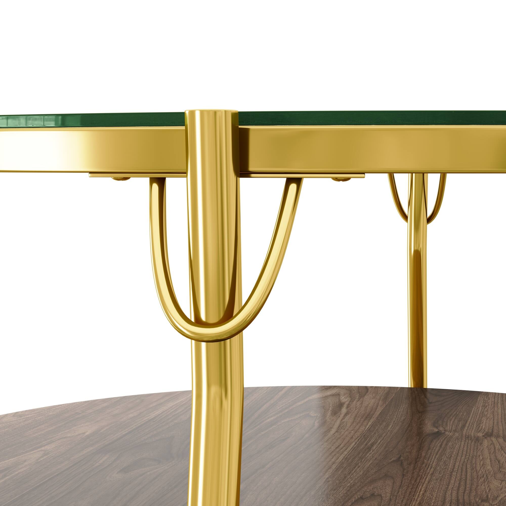 Alt View 5. GOODSILO - Modern Round Two-Tier Coffee Table with Tempered Glass Top and Elegant Metal Base - Gold+Glass,Walnut.