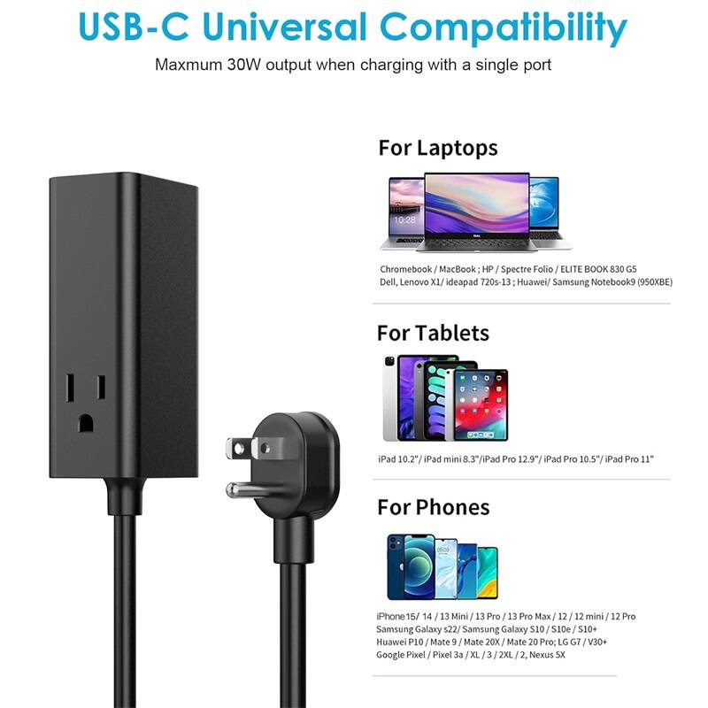 USB-C Universal Compatibility

Maxmum 30W output when charging with a single port

For Laptops
Chromebook / MacBook : HP I Spectre Folio I ELITE BOOK 830 G5 Dell, Lenovo XI/ ideapad 720s- 13 - Huawei/ Samsung Notebook9 (950XBE)

For Tablets
iPad 10.2" iPad mini 8.3 /iPad Pro 12.9" iPad Pro 10.5"/ iPad Pro 11"

For Phones
iPhone 15/ 14 / 13 Mini I 13 Pro / 13 Pro Max 12 / 12 mini / 12 Pro Samsung Galaxy $22/ Samsung Galaxy S10 S10e J S10+ Huawei P10 / Mate 9 Mate 20X I Mate 20 Pro: LG G7 I V30+ Google Pixel Pixel  XL 3 I 2XIL 2. Nexus SX
