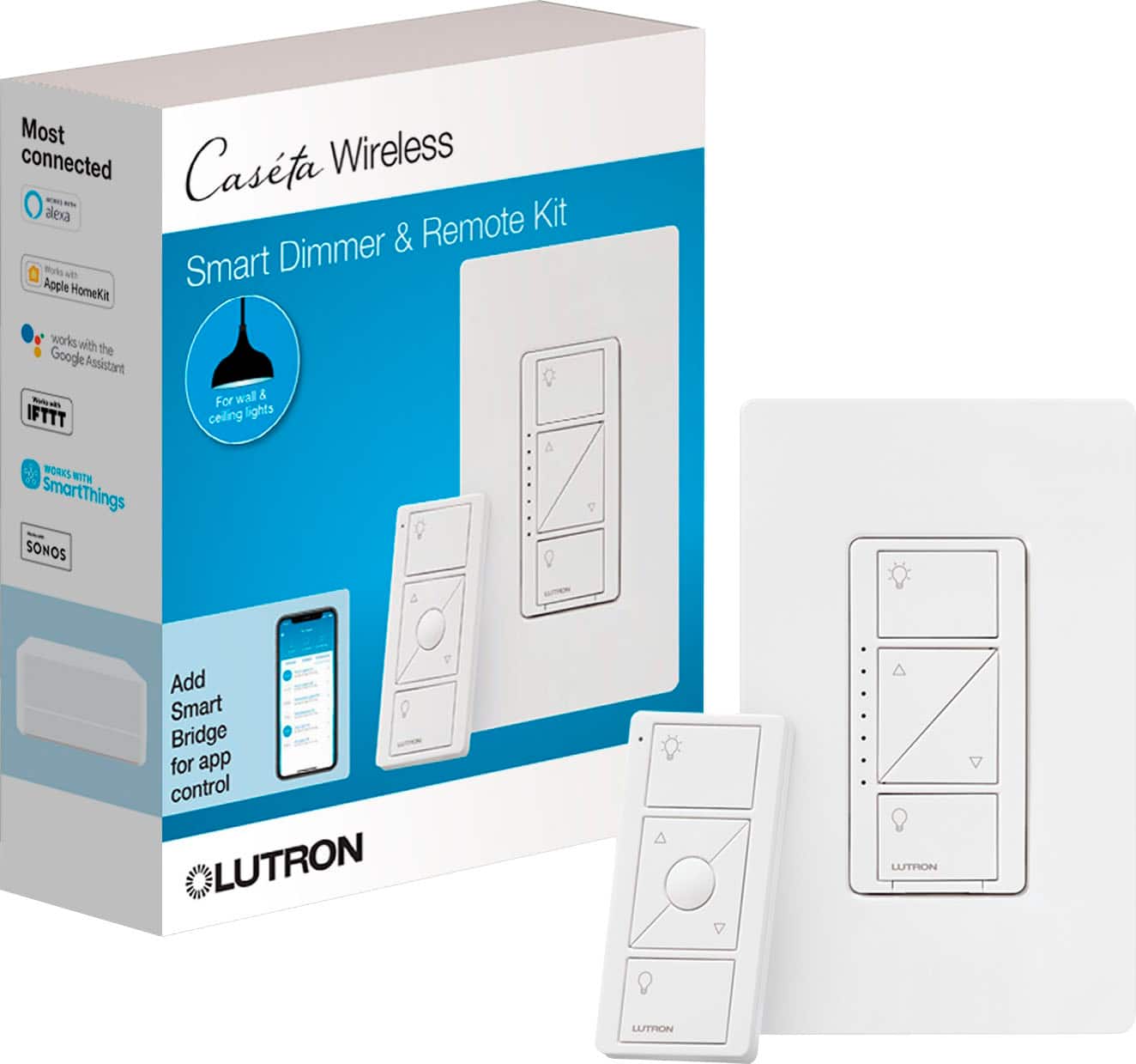 The Caseta Wireless Smart Dimmer & Remote Kit is a smart home device that works with Apple HomeKit, Google Assistant, IFTTT, SmartThings, and Sonos. It also supports controlling ceiling lights and comes with a Smart Bridge for app control. The packaging may vary.