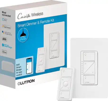 The Caseta Wireless Smart Dimmer & Remote Kit is a smart home device that works with Apple HomeKit, Google Assistant, IFTTT, SmartThings, and Sonos. It also supports controlling ceiling lights and comes with a Smart Bridge for app control. The packaging may vary.