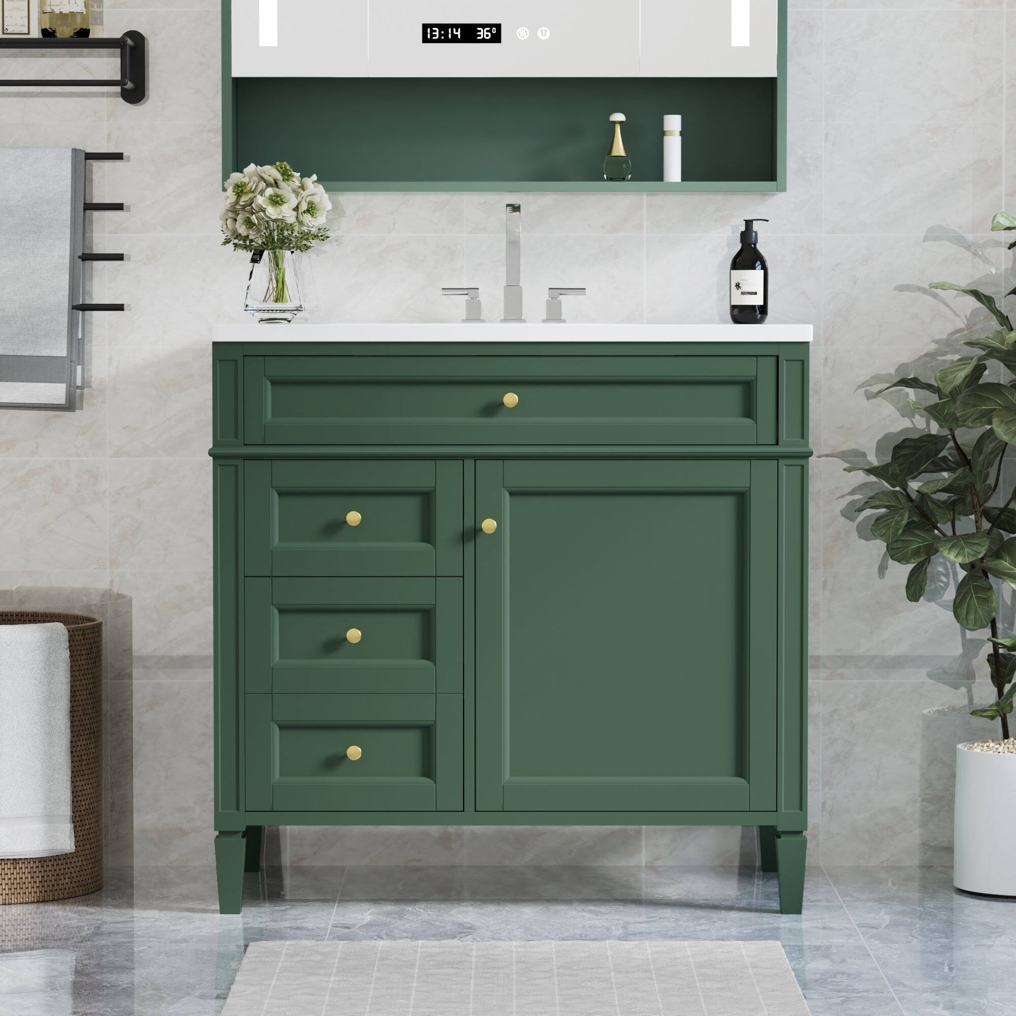 Alt View 4. Boyel Living - 36 Inch Modern Bathroom Vanity with Top Sink Two Drawers Tip Out Green - Green.