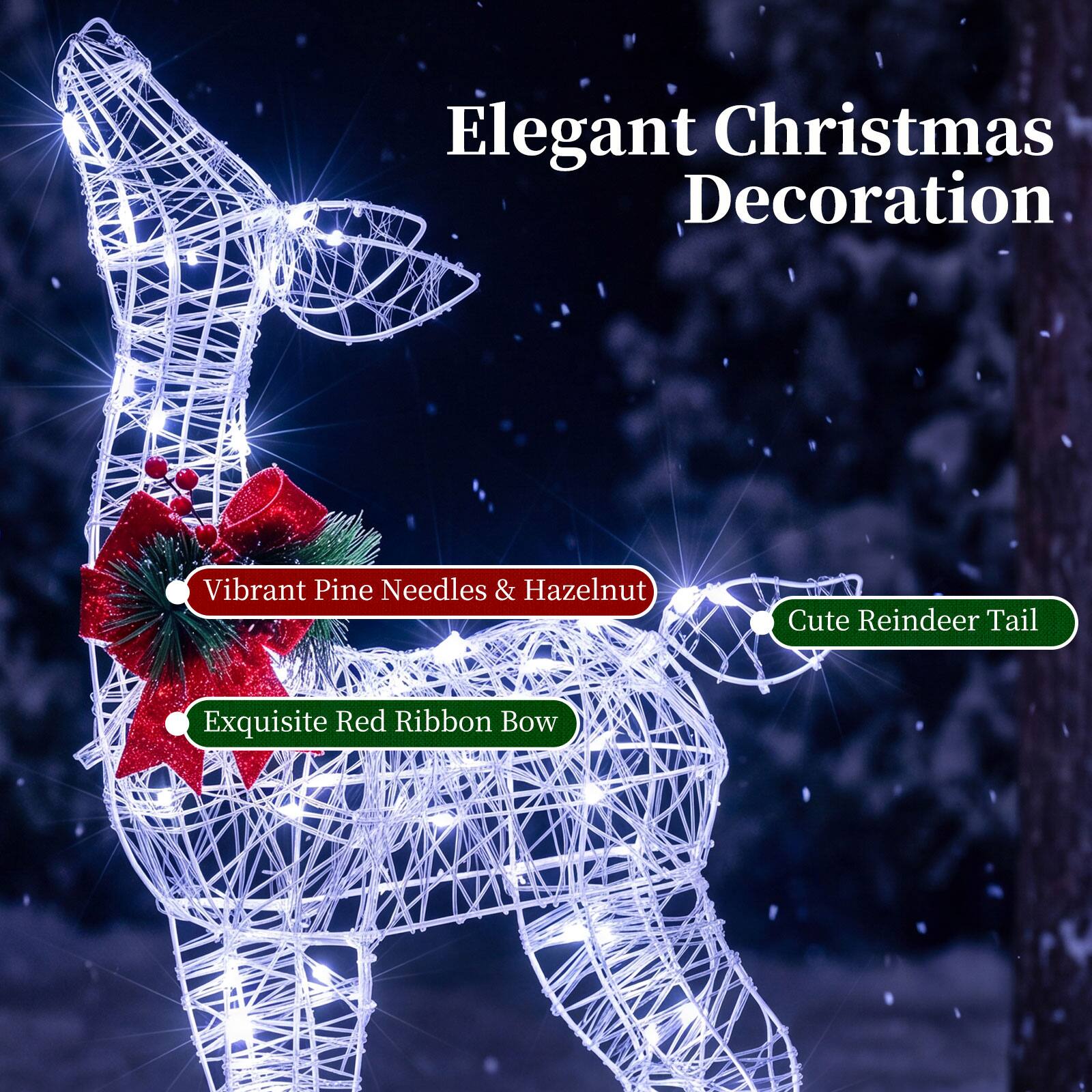 Elegant Christmas Decoration

- Vibrant Pine Needles & Hazelnut
- Exquisite Red Ribbon Bow
- Cute Reindeer Tail